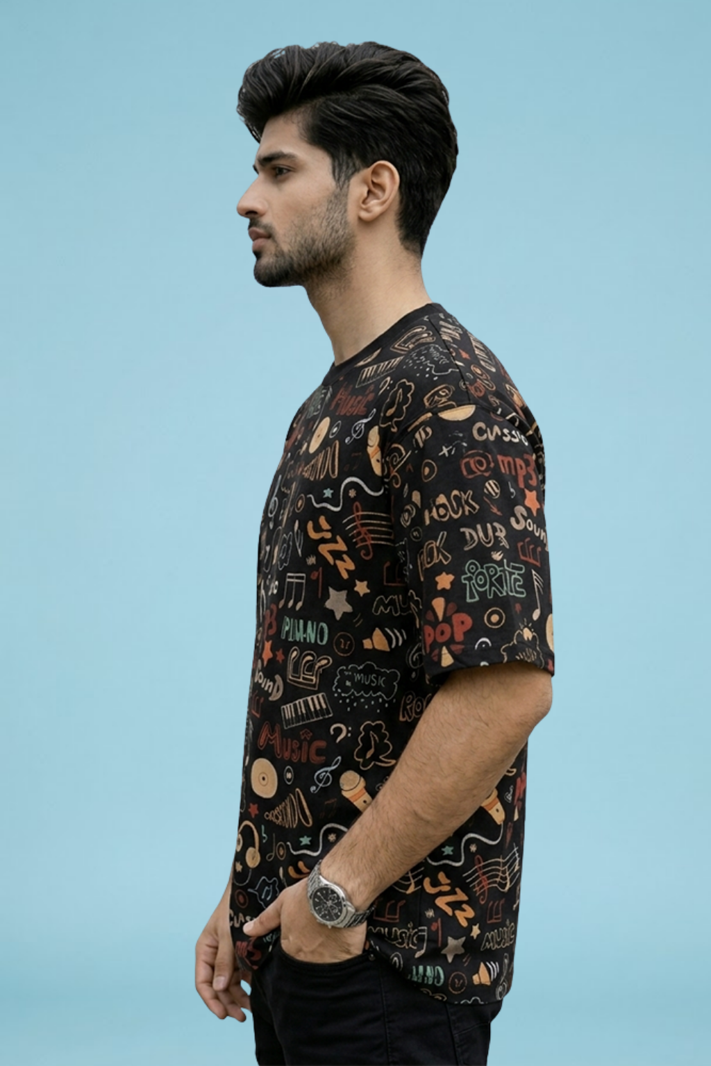 Black Premium Fabric Oversized Printed T Shirt For Men