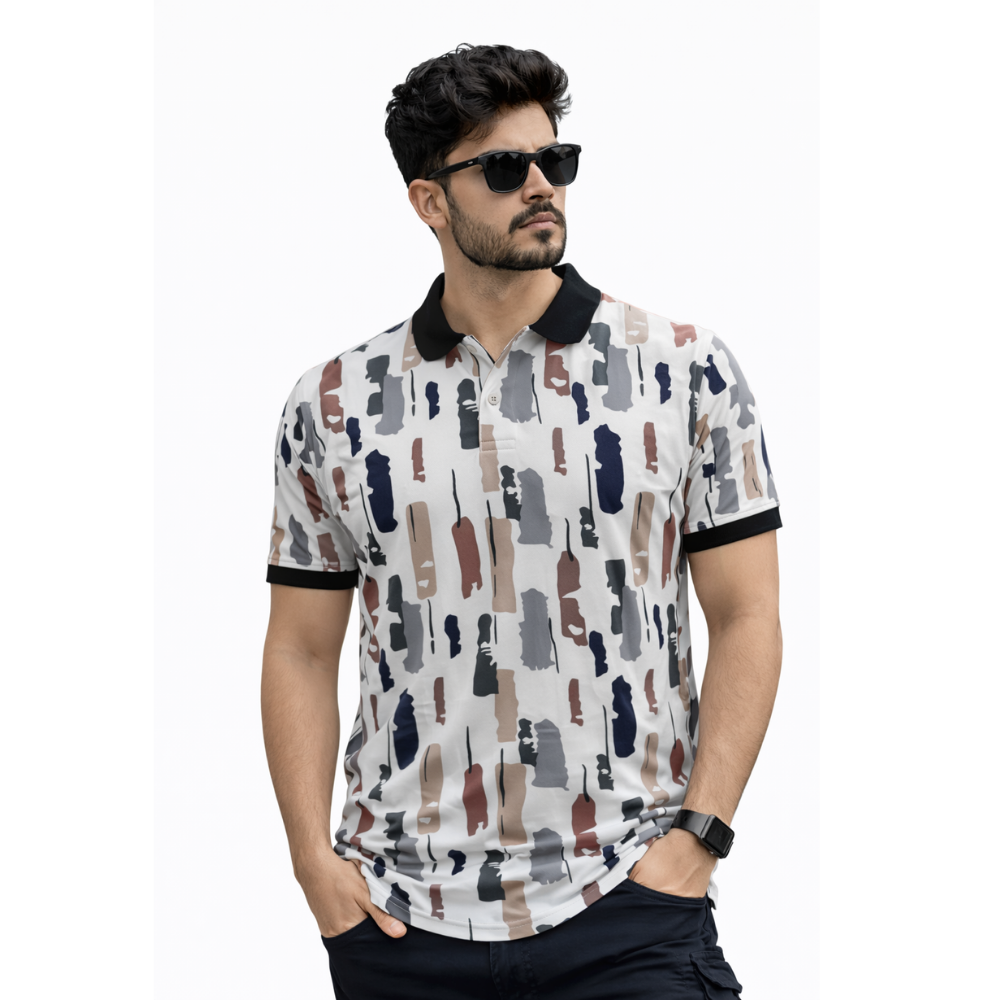 Multicolor Premium Fabric Regular Printed Polo T Shirt For Men
