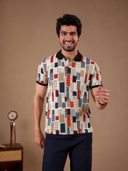 Multicolor Premium Fabric Regular Printed Polo T Shirt For Men
