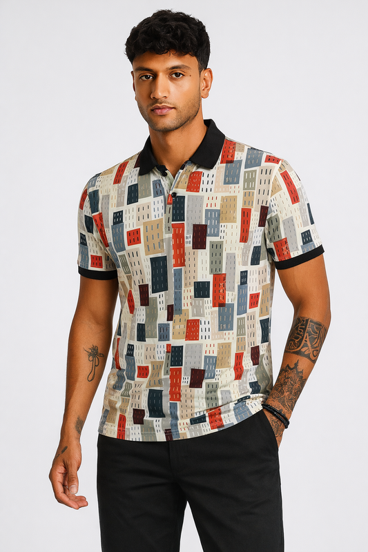 Multicolor Premium Fabric Regular Printed Polo T Shirt For Men