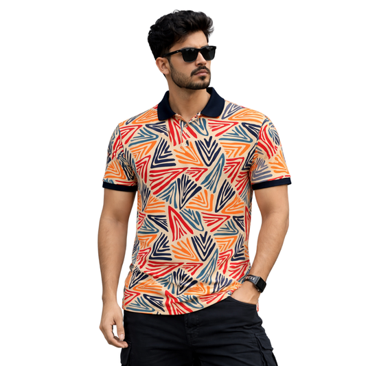 Multicolor Premium Fabric Regular Printed Polo T Shirt For Men