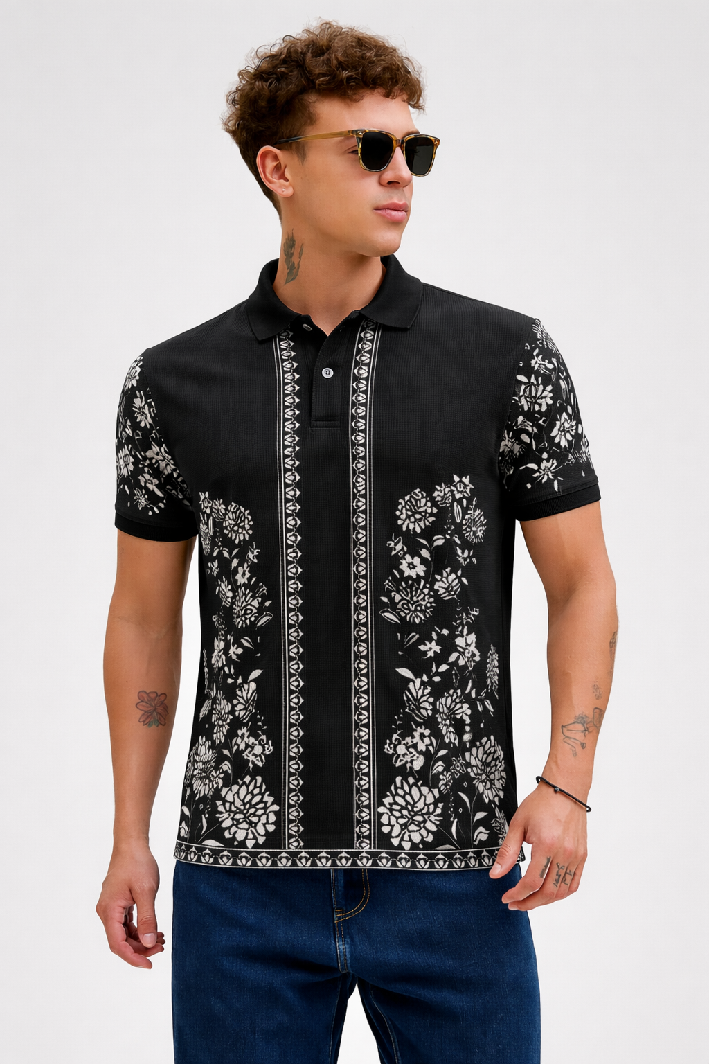 Black Premium Fabric Regular Printed Polo T Shirt For Men