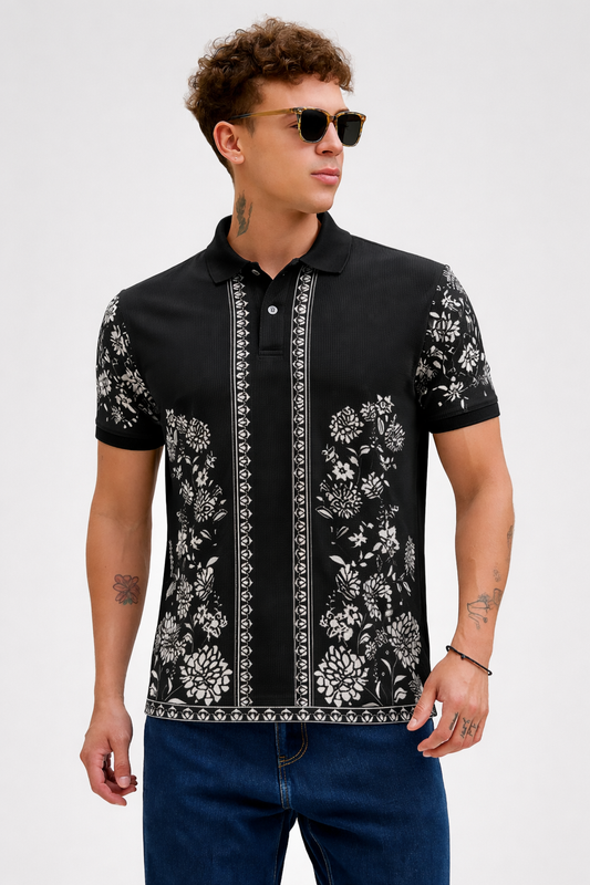 Black Premium Fabric Regular Printed Polo T Shirt For Men