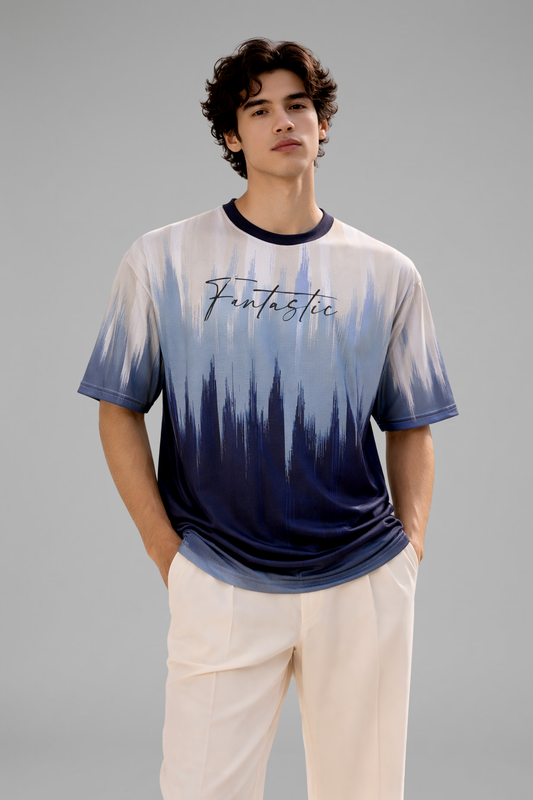 Blue Premium Fabric Oversized Printed T Shirt For Men