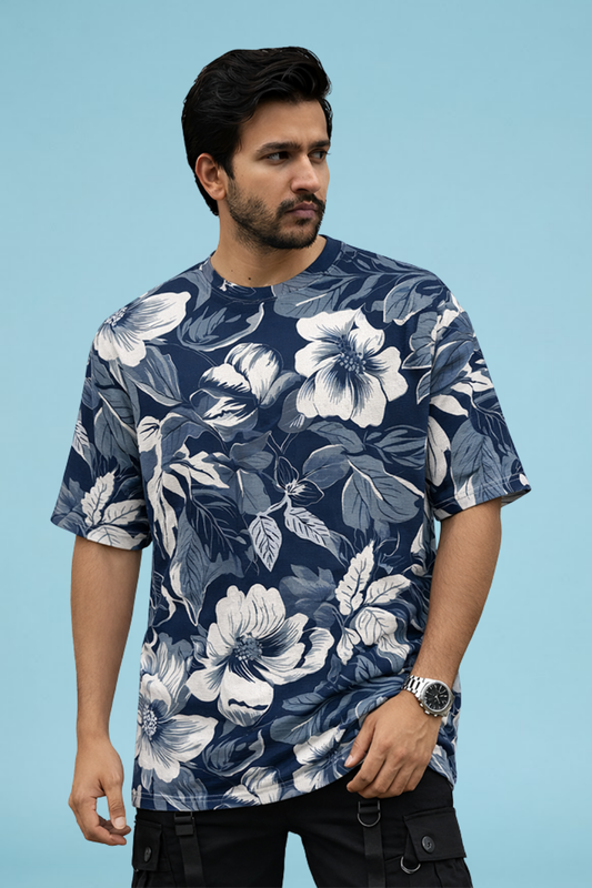 Sky Blue Premium Fabric Oversized Printed T Shirt For Men