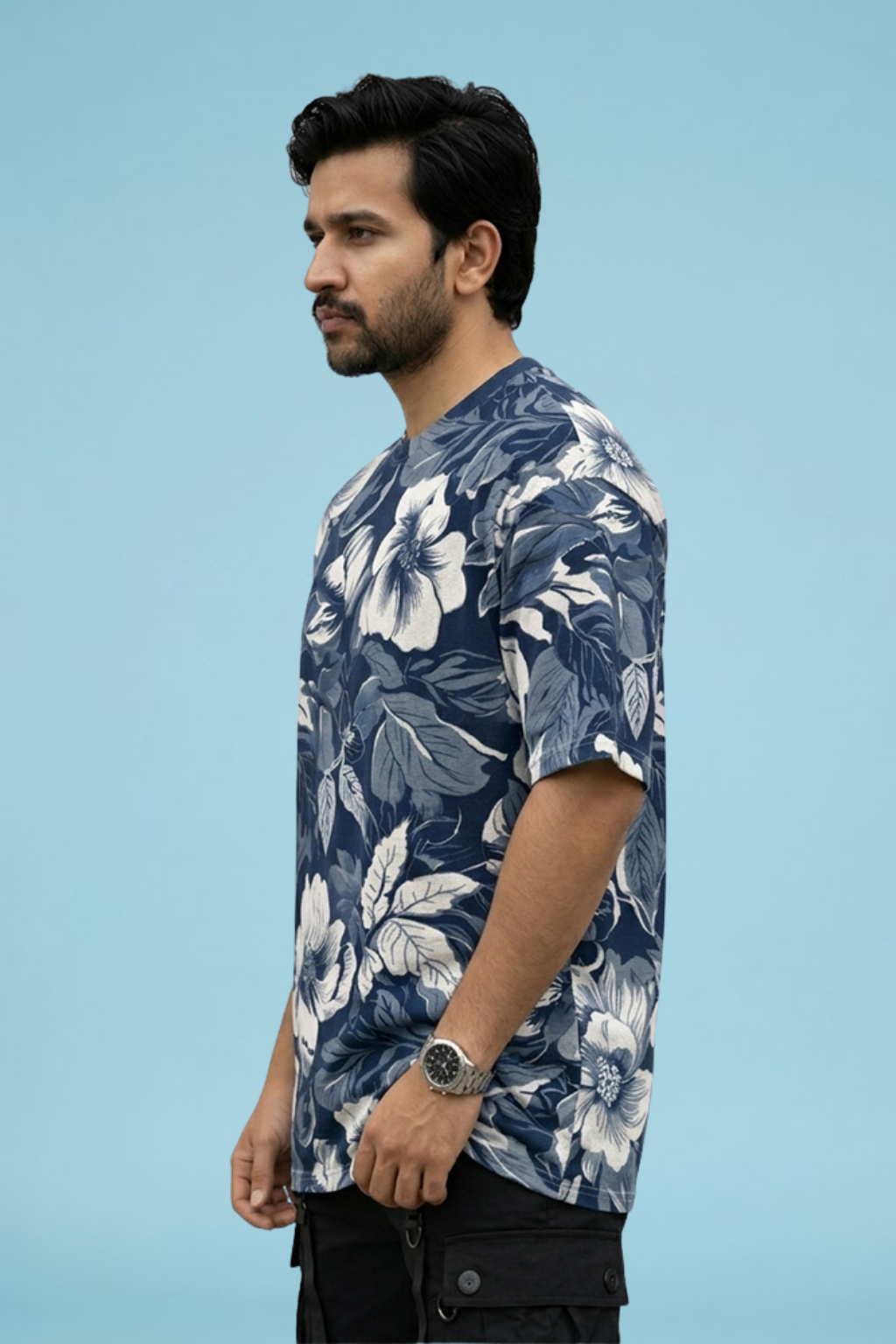 Sky Blue Premium Fabric Oversized Printed T Shirt For Men