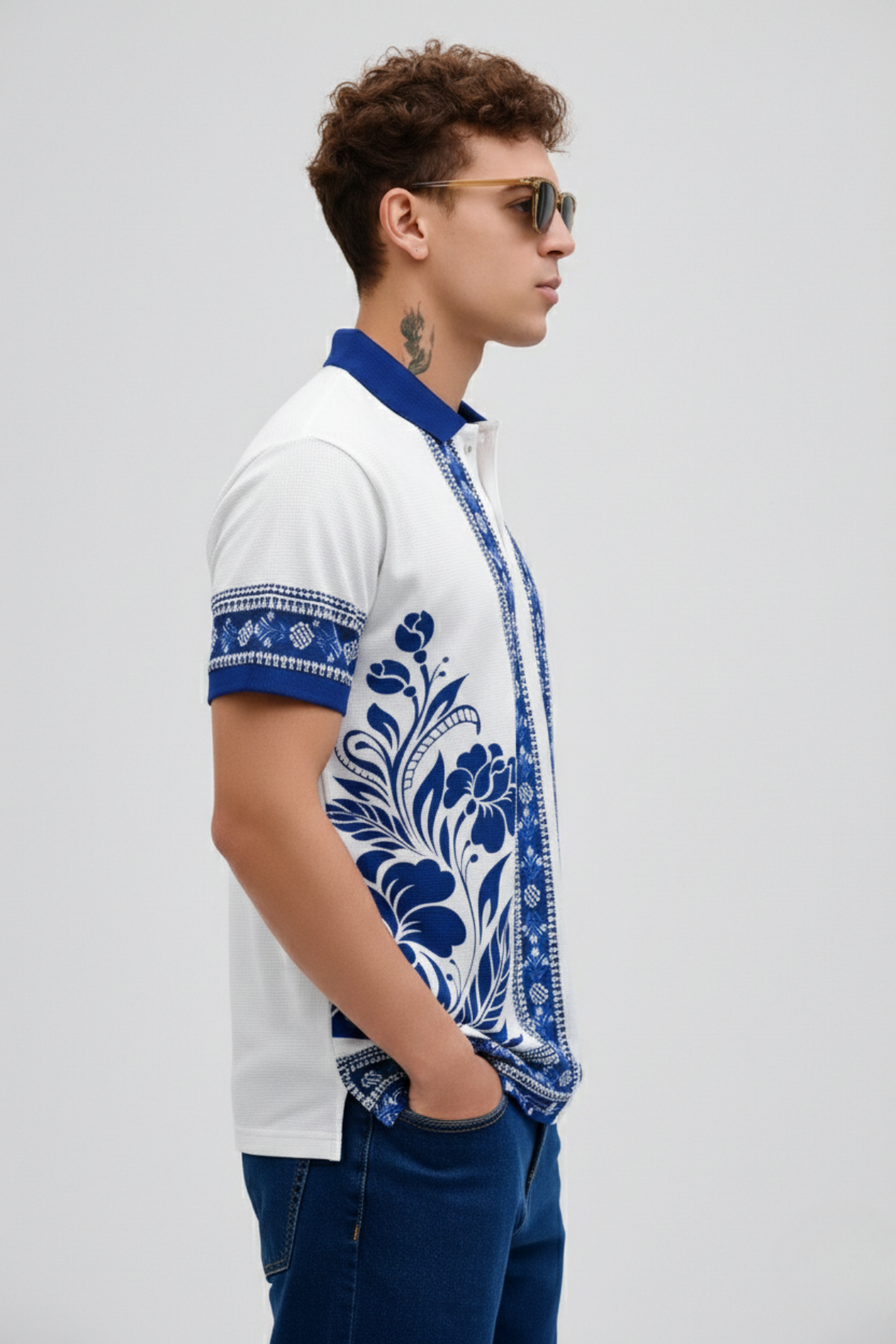 White Premium Fabric Regular Printed Polo T Shirt For Men
