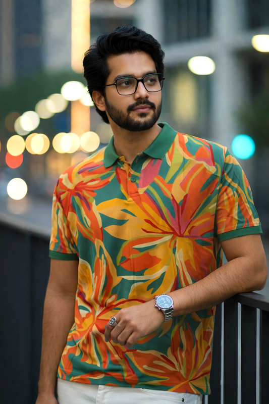Multicolor Premium Fabric Regular Printed Polo T Shirt For Men