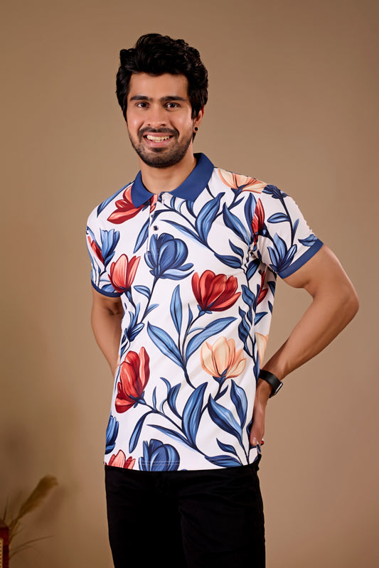 Multicolor Premium Fabric Regular Printed Polo T Shirt For Men