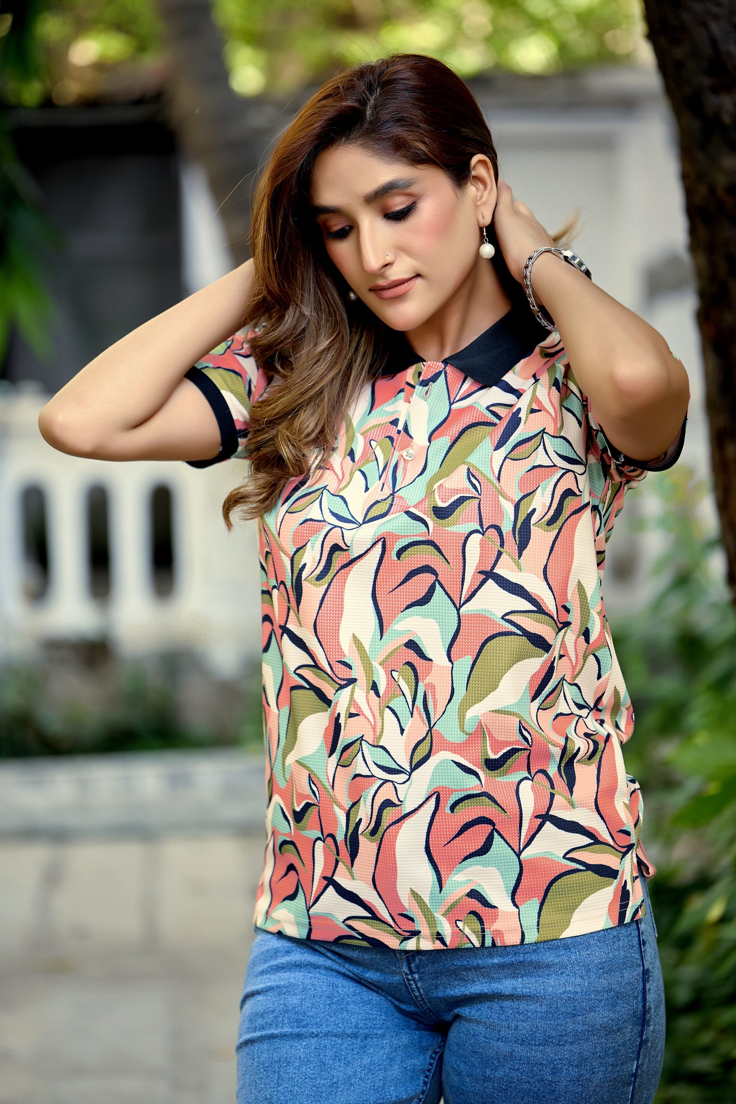 Women’s Multicolor Leaf Printed Polo T-Shirt