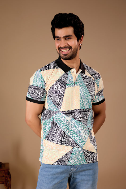 Multicolor Premium Fabric Regular Printed Polo T Shirt For Men