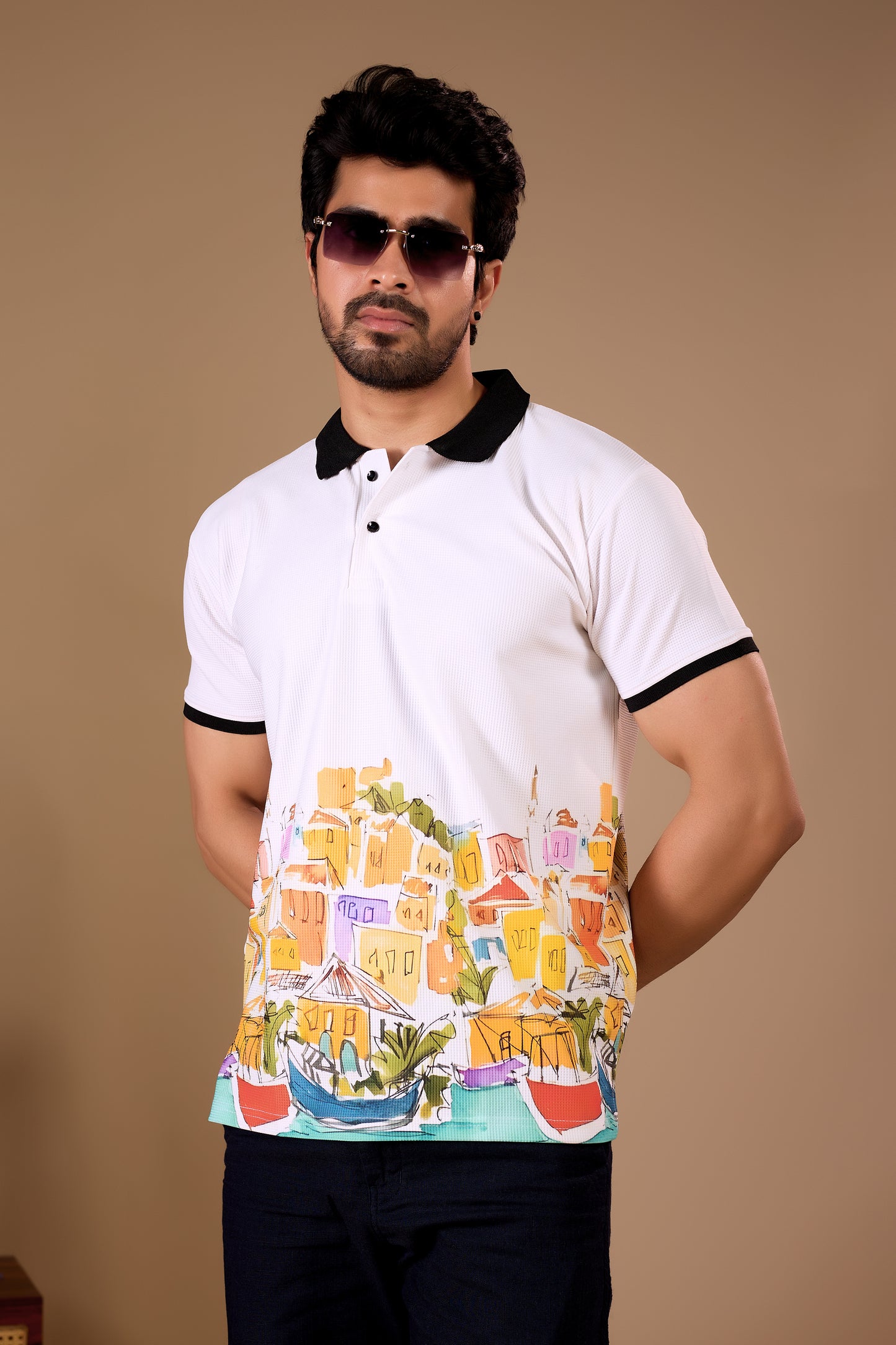 White Premium Fabric Regular Printed Polo T Shirt For Men