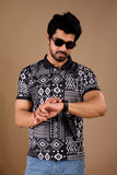 Black Premium Fabric Regular Printed Polo T Shirt For Men