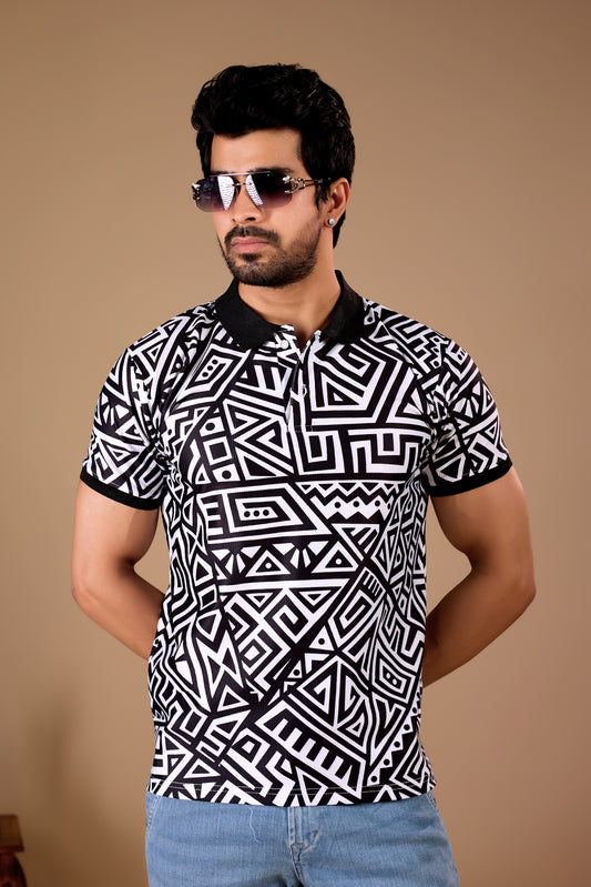 Black Premium Fabric Regular Printed Polo T Shirt For Men