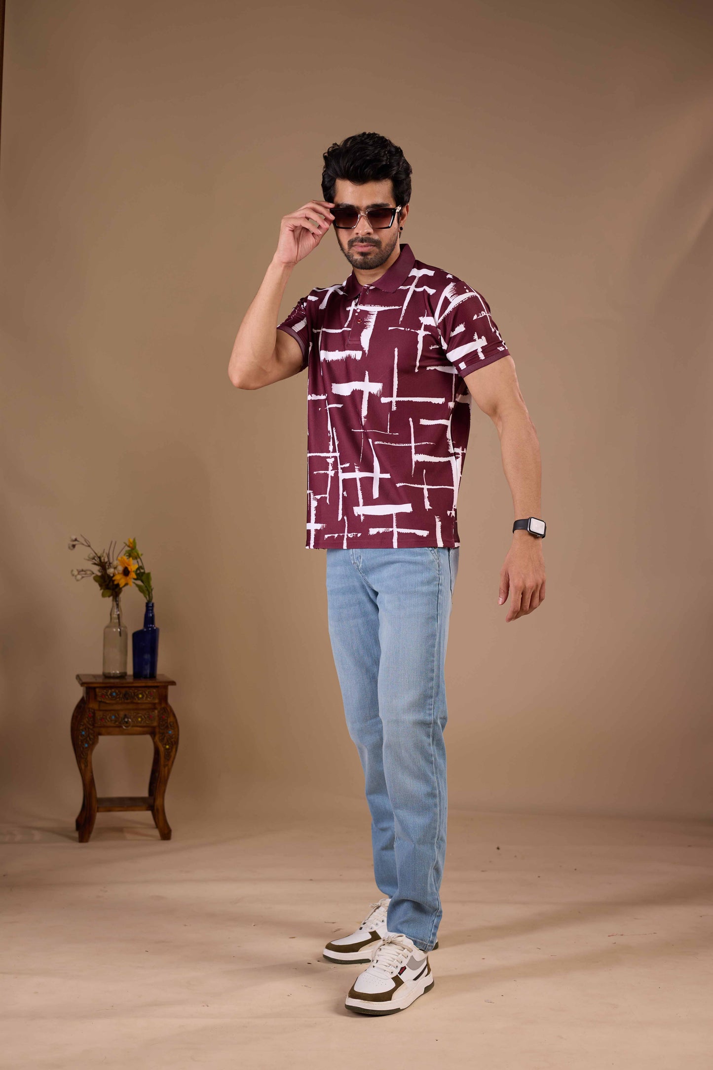 Tshirtsbuddy Men's Maroon and White Cross-Hatch Abstract Pattern Polo T-Shirt