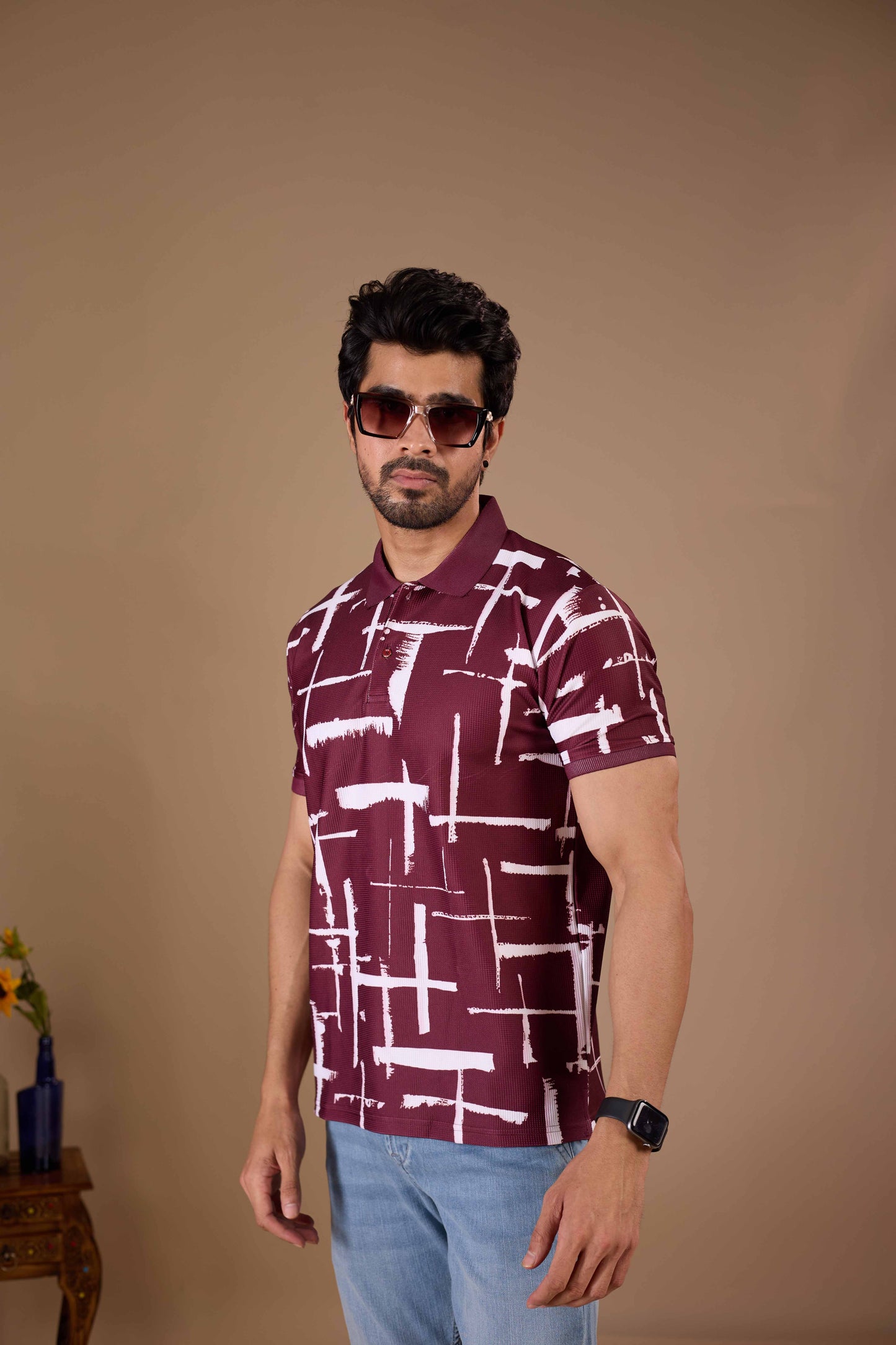 Tshirtsbuddy Men's Maroon and White Cross-Hatch Abstract Pattern Polo T-Shirt