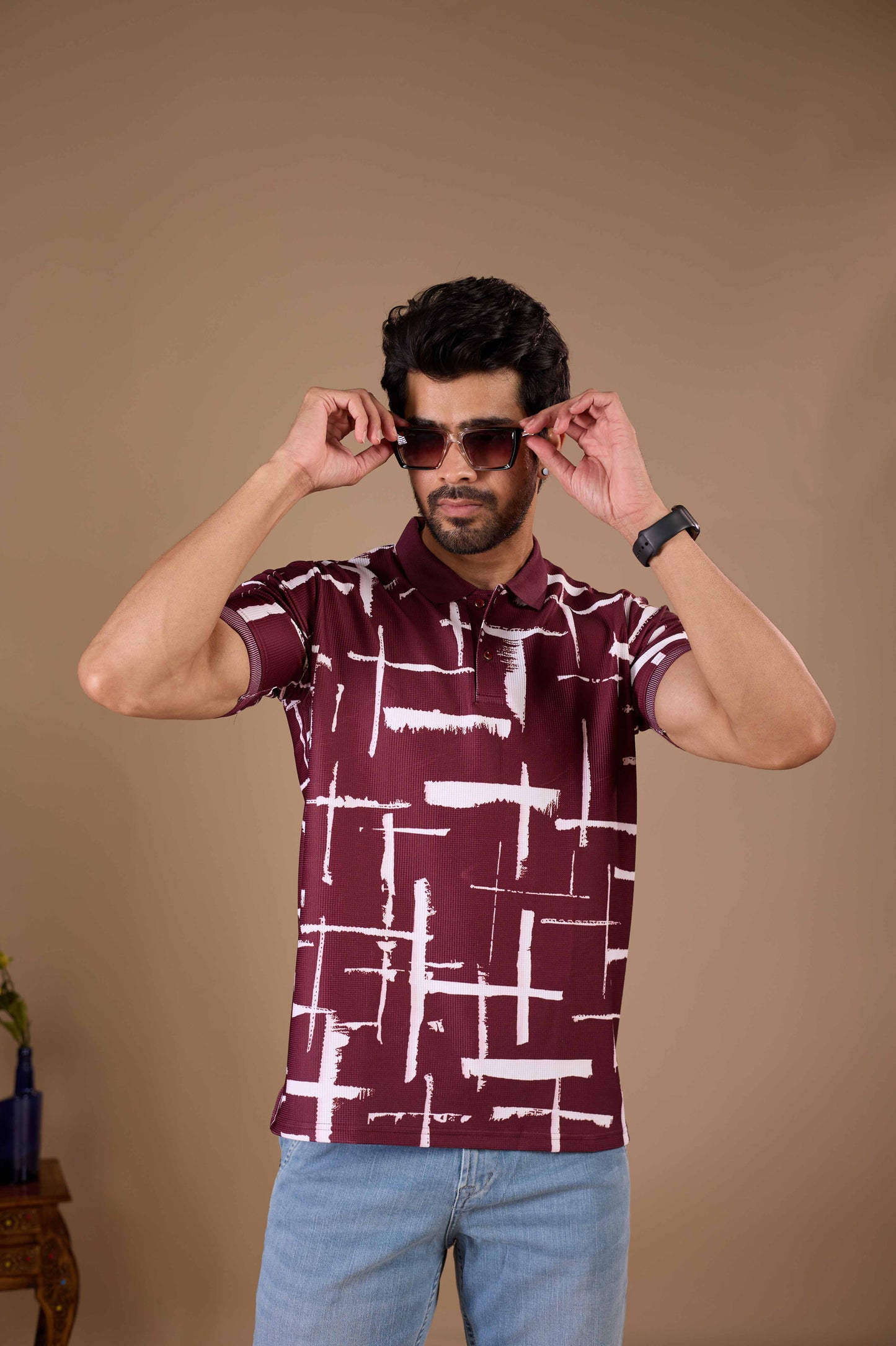 Tshirtsbuddy Men's Maroon and White Cross-Hatch Abstract Pattern Polo T-Shirt