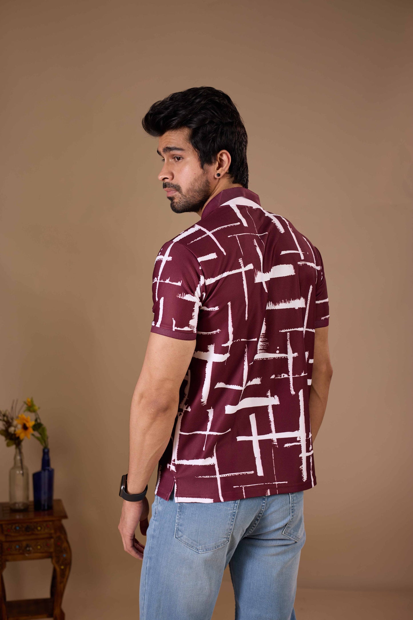 Tshirtsbuddy Men's Maroon and White Cross-Hatch Abstract Pattern Polo T-Shirt