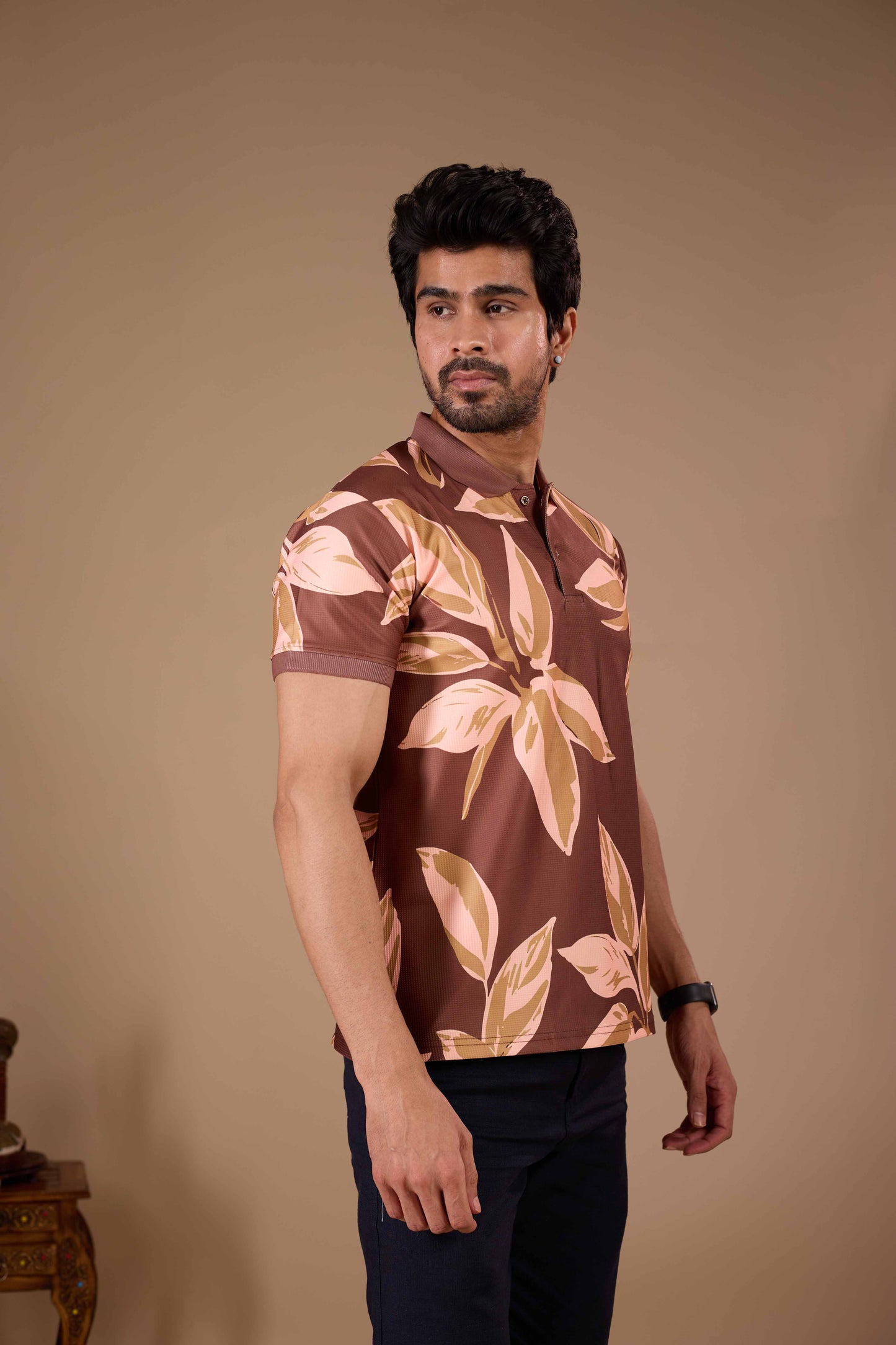 TshirtsBuddy Men's Rustic Brown Leaf Pattern Polo T-shirt