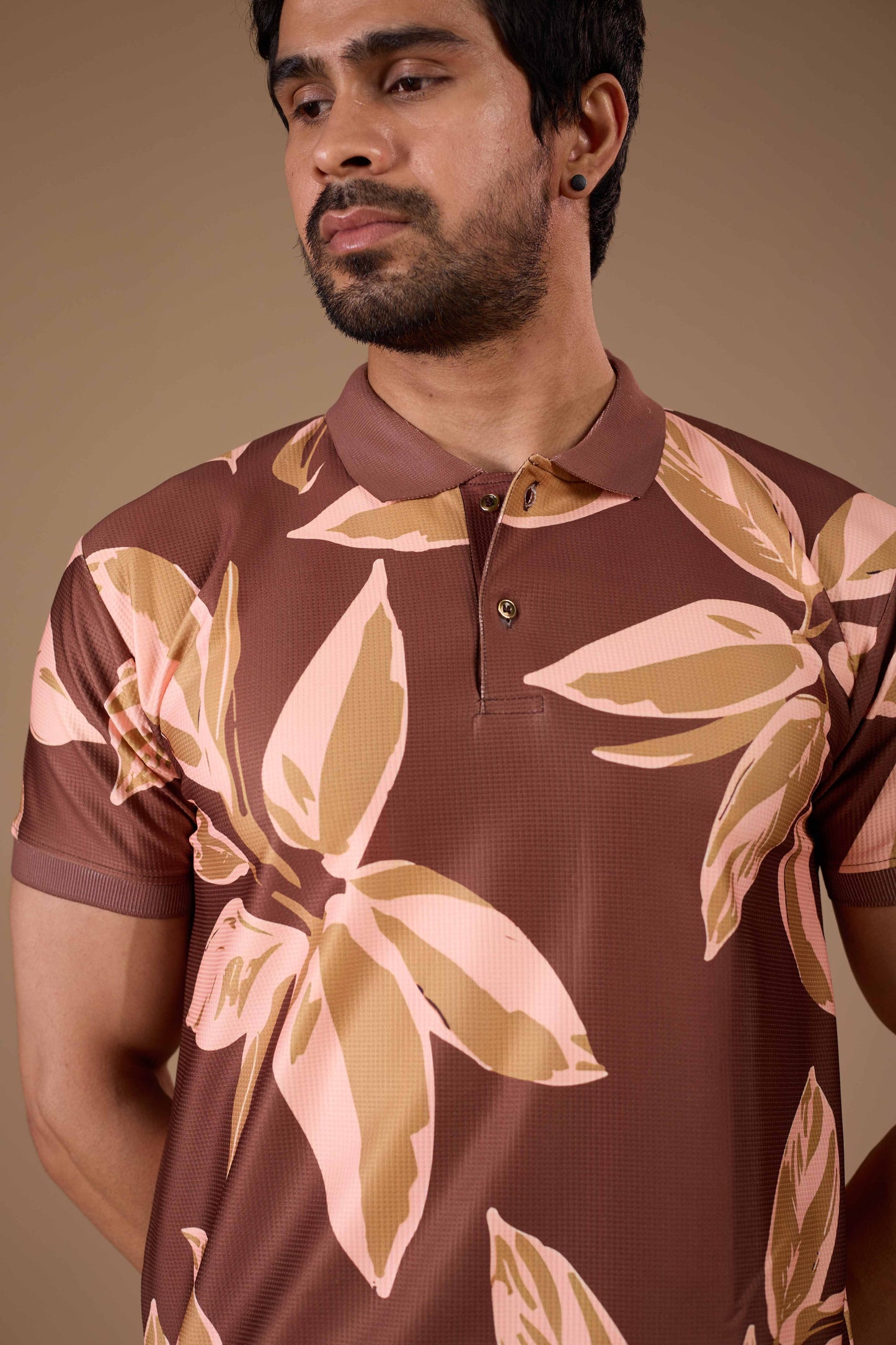 TshirtsBuddy Men's Rustic Brown Leaf Pattern Polo T-shirt