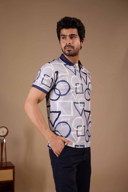 Tshirtsbuddy Men's Blue Geometric Sketch Polo T-Shirt