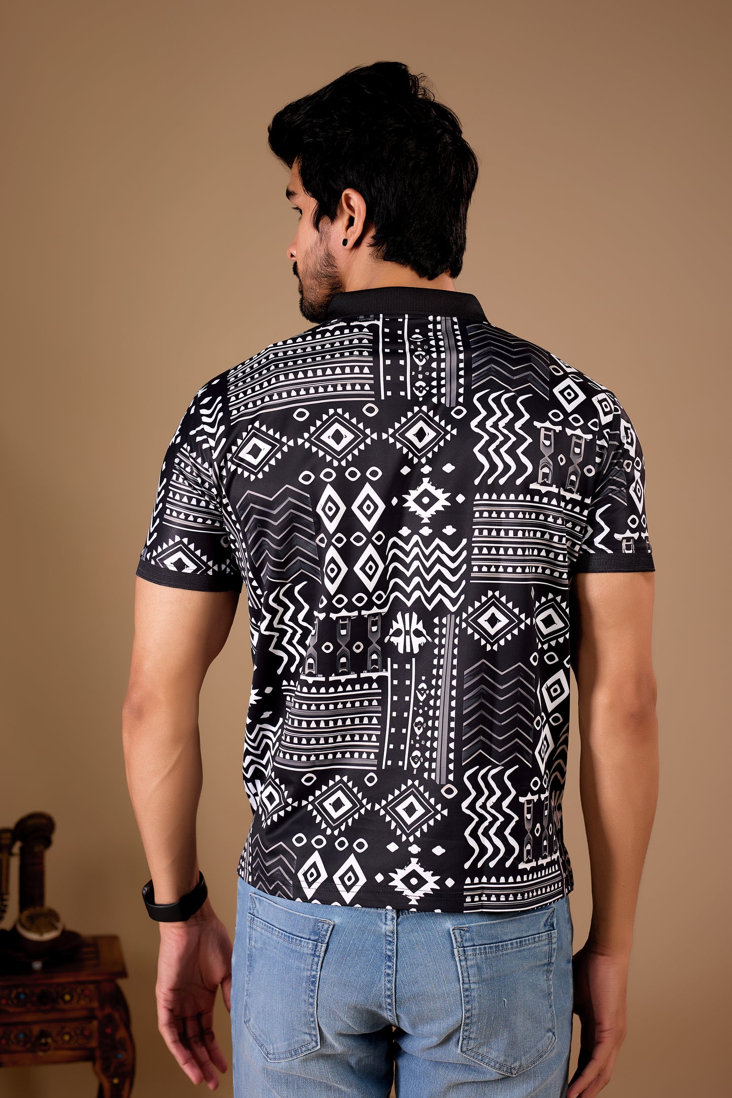Black Premium Fabric Regular Printed Polo T Shirt For Men