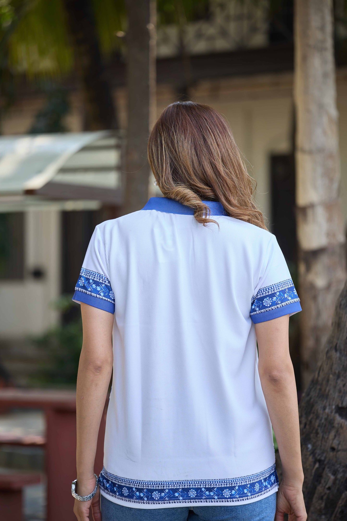 Women’s White & Blue Floral Printed Polo T-Shirt
