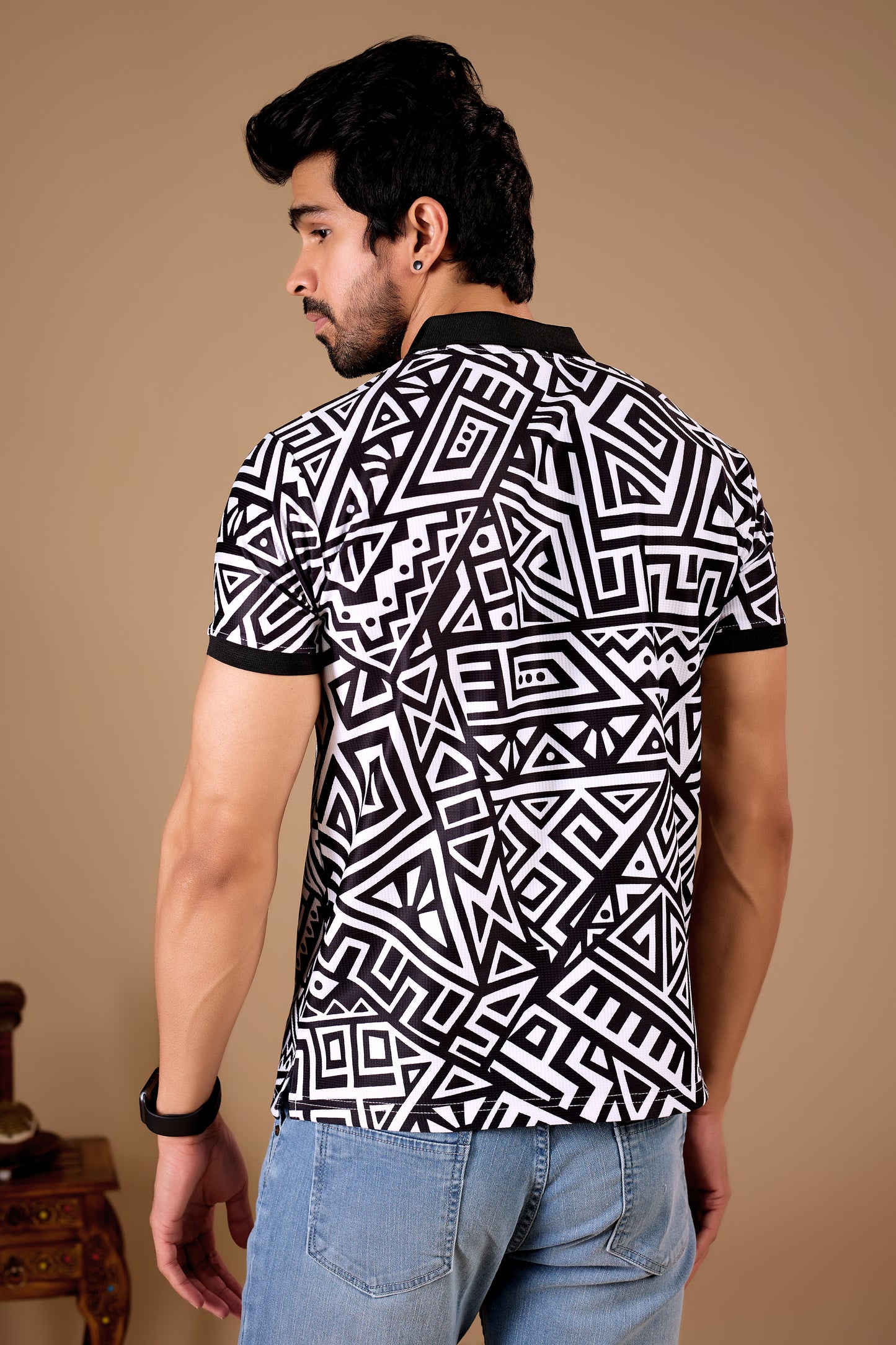 Black Premium Fabric Regular Printed Polo T Shirt For Men