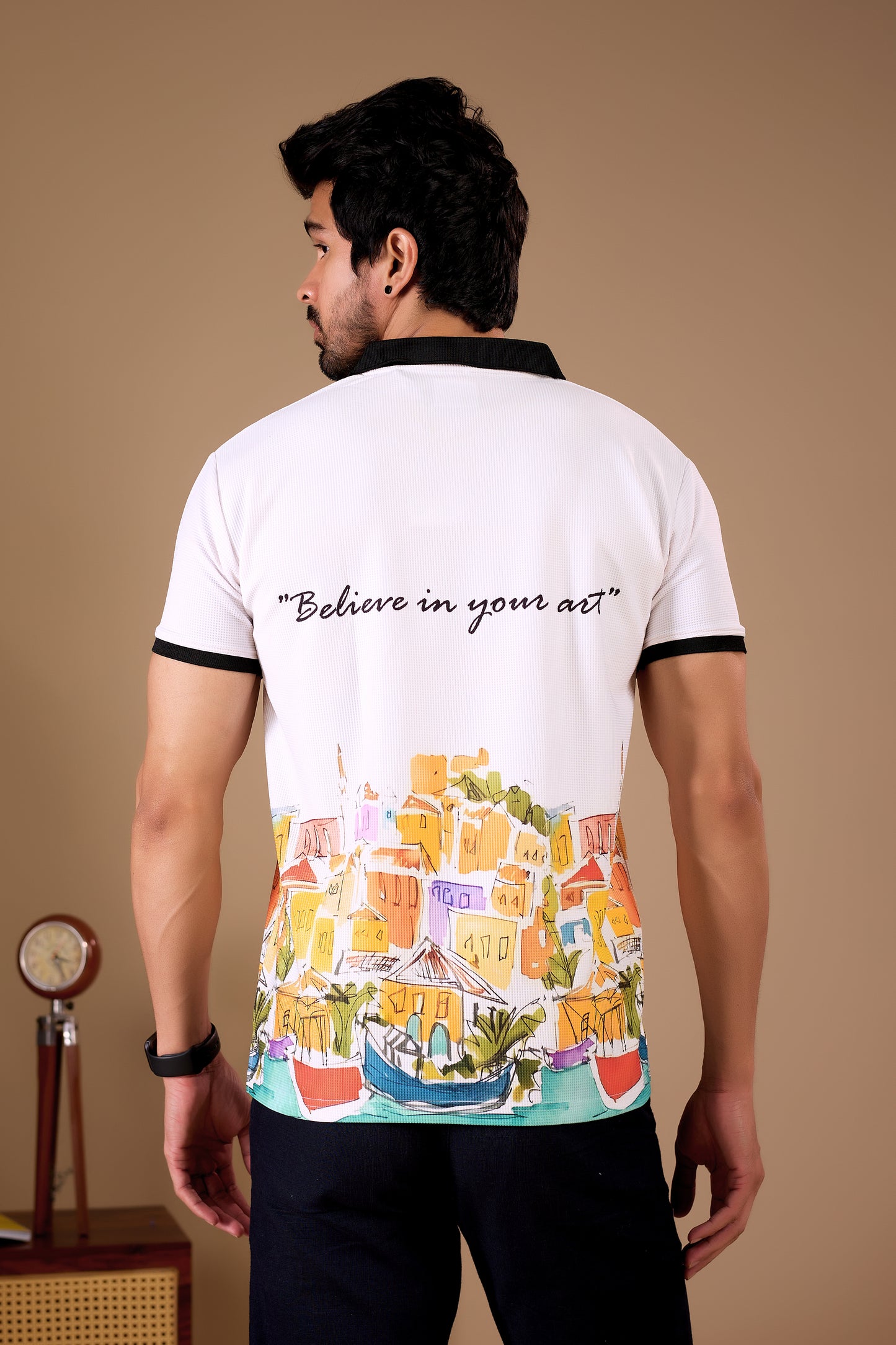 White Premium Fabric Regular Printed Polo T Shirt For Men