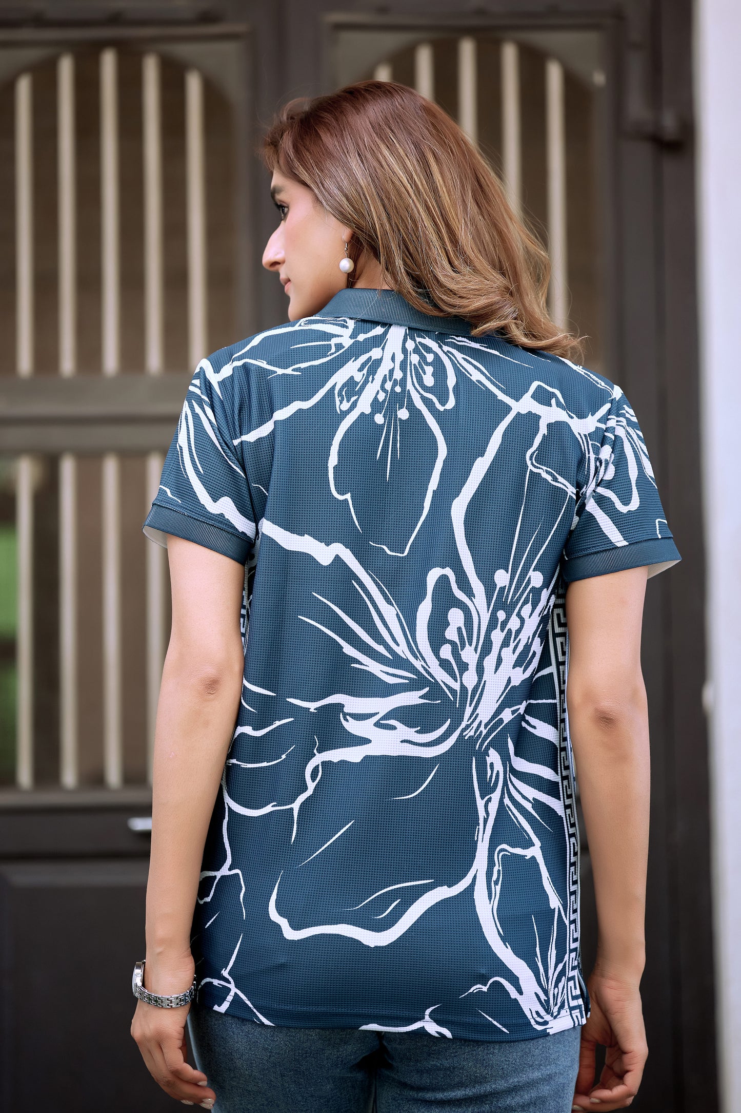 Women’s Teal Floral Printed Polo T-Shirt