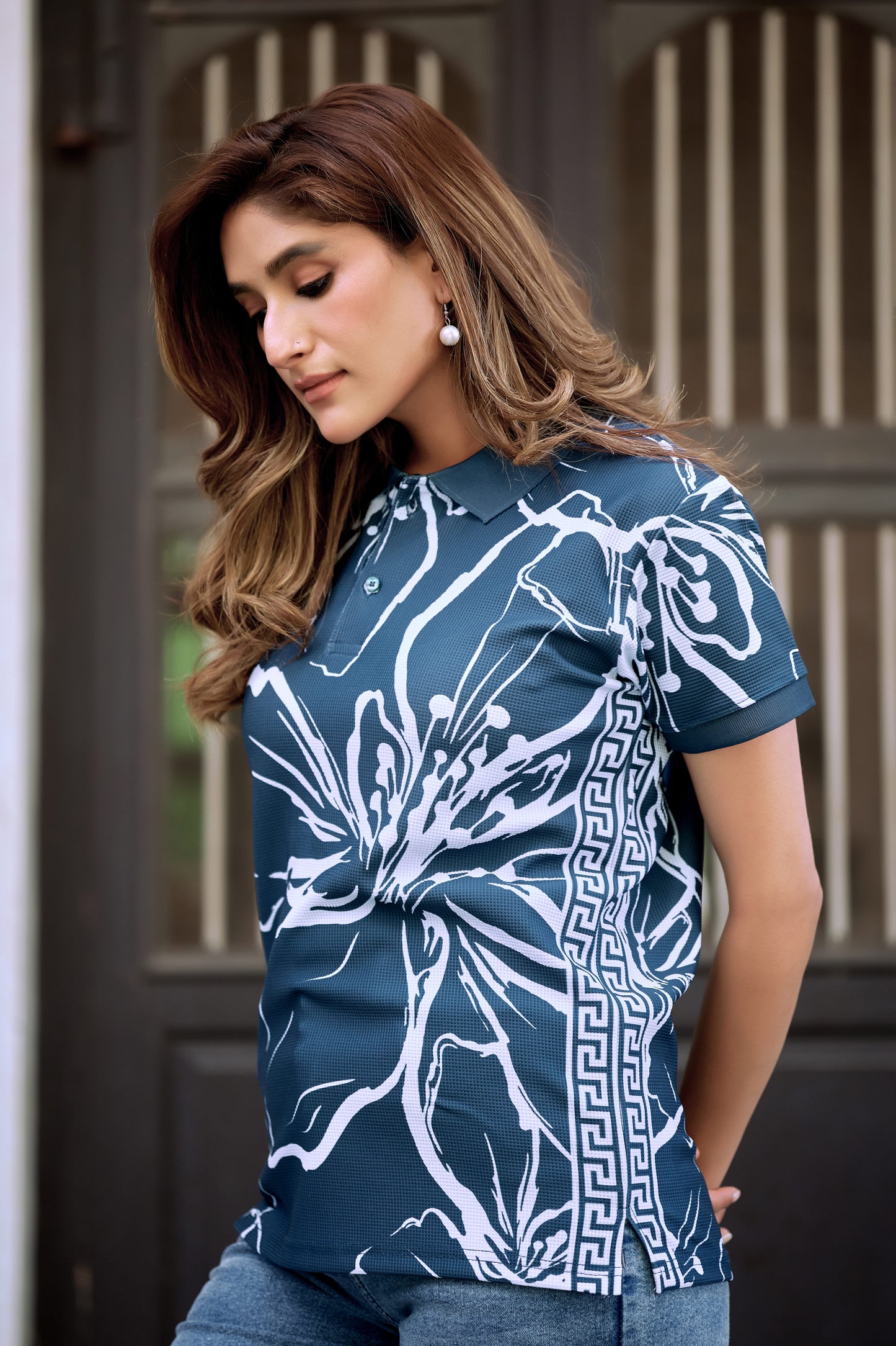Women’s Teal Floral Printed Polo T-Shirt