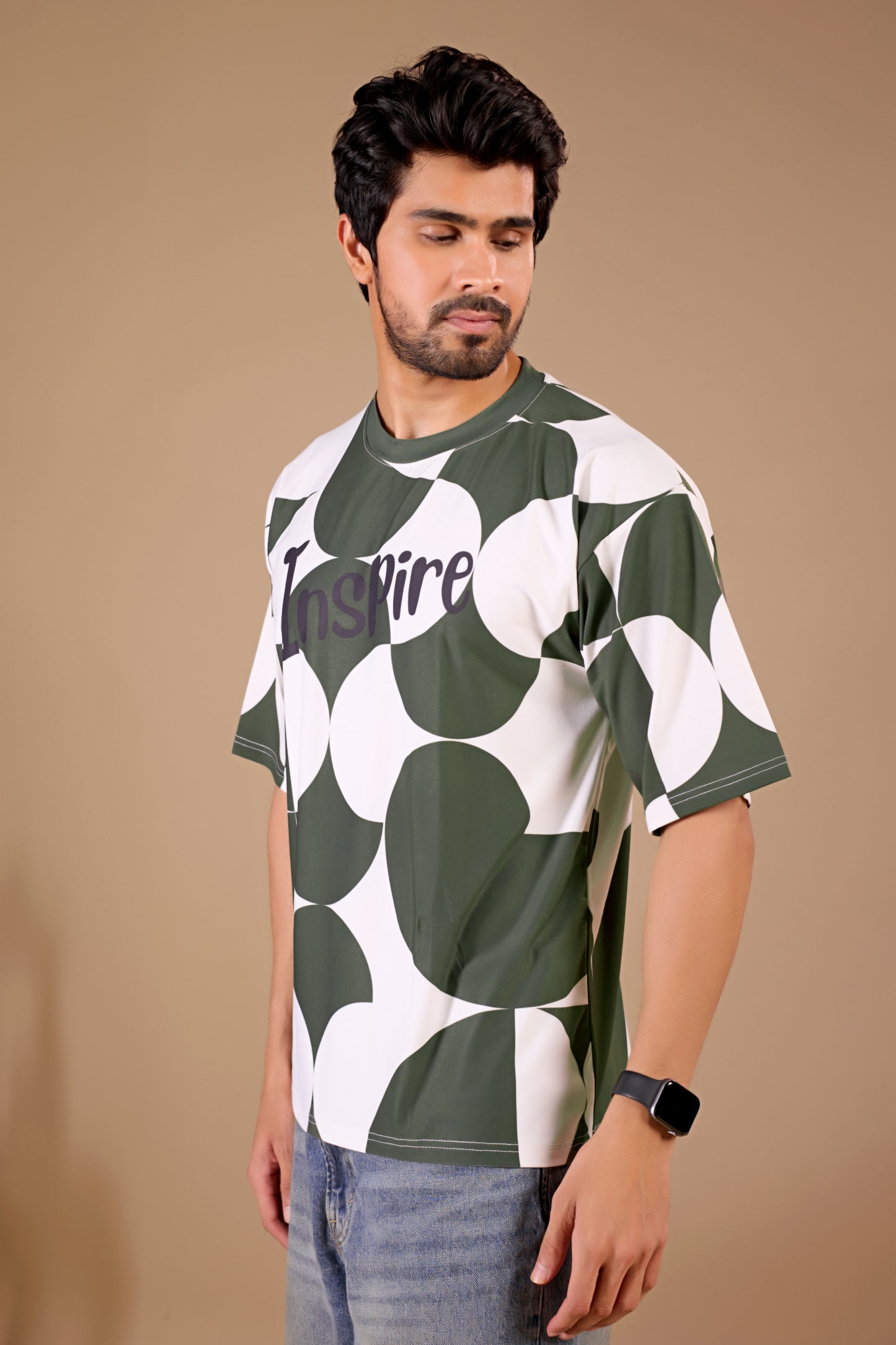 Olive Premium Fabric Oversized Printed T Shirt For Men