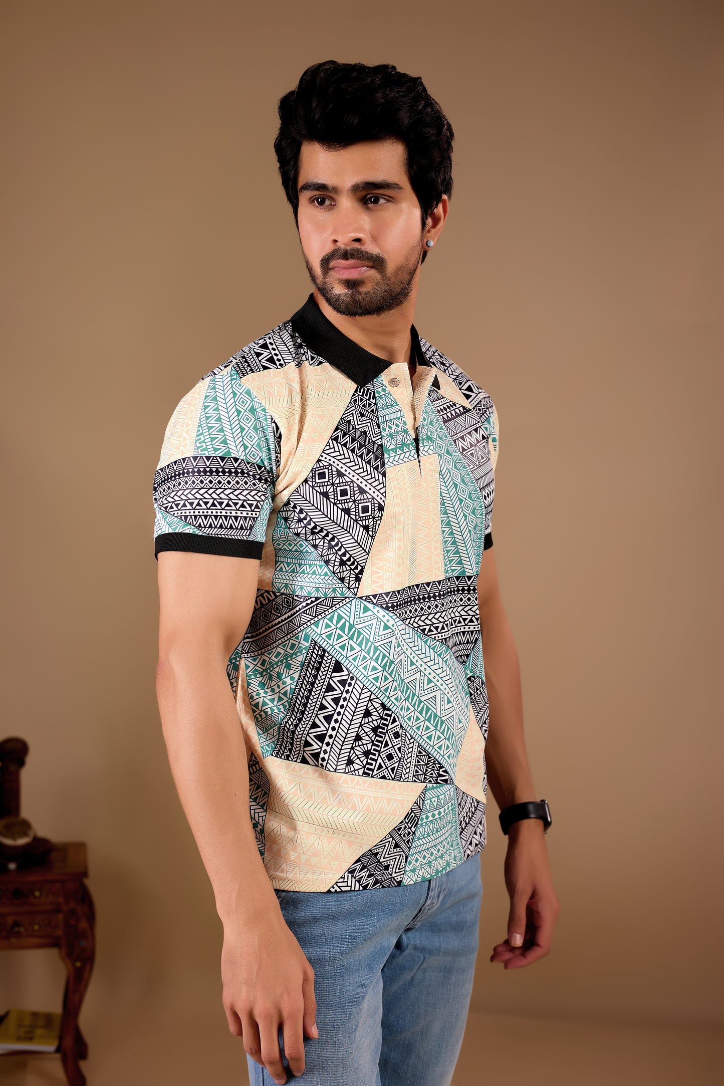 Multicolor Premium Fabric Regular Printed Polo T Shirt For Men