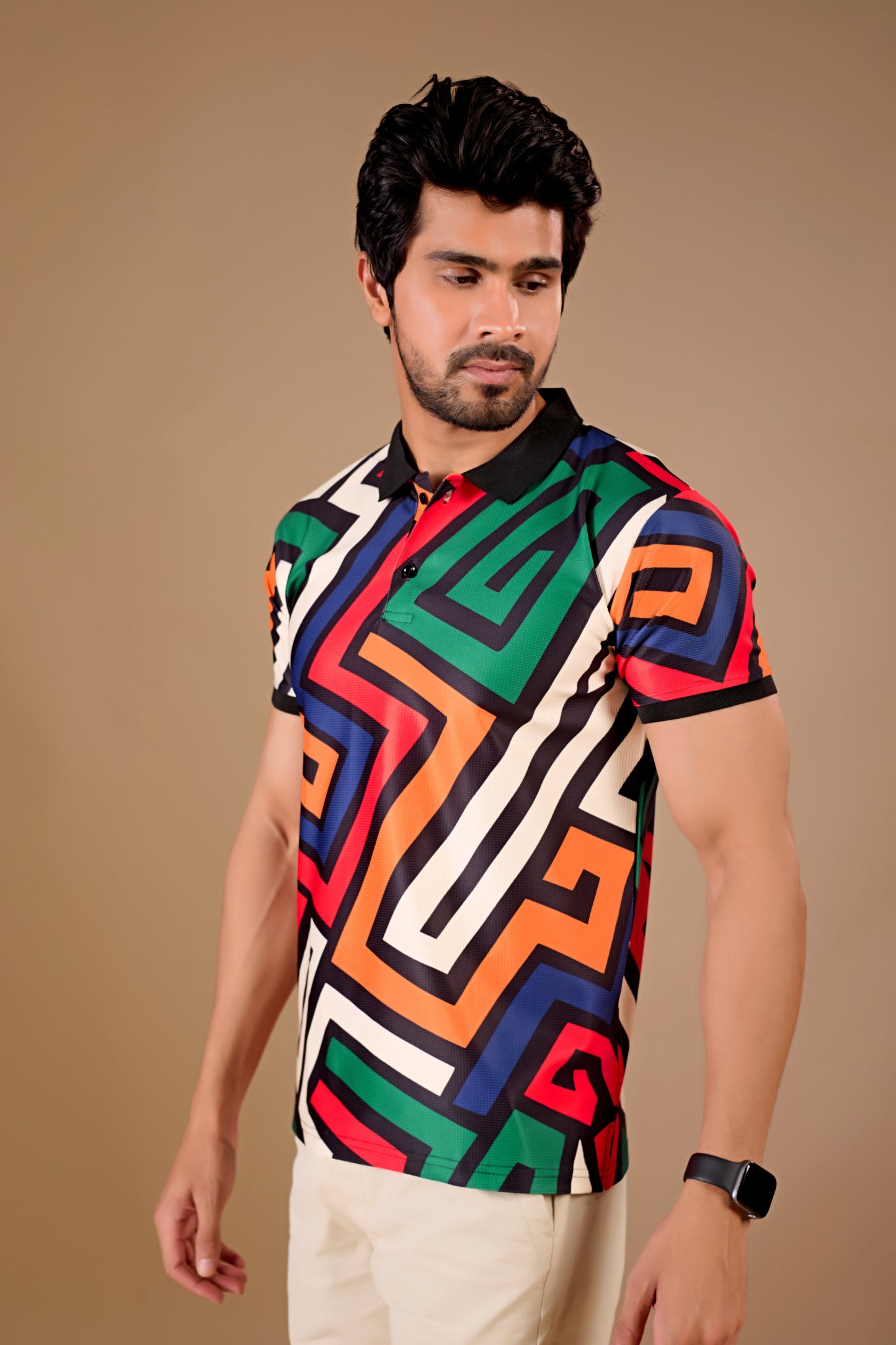 Multicolor Premium Fabric Regular Printed Polo T Shirt For Men