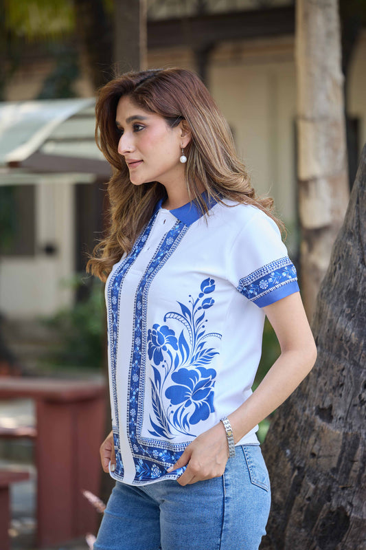 Women’s White & Blue Floral Printed Polo T-Shirt