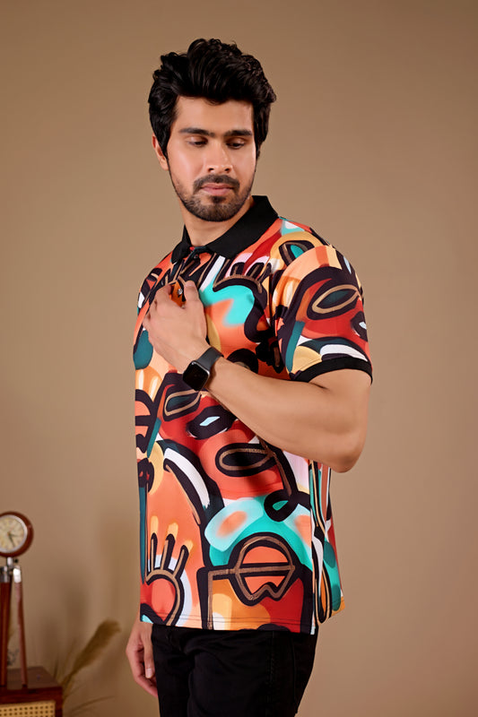 Multicolor Premium Fabric Regular Printed Polo T Shirt For Men