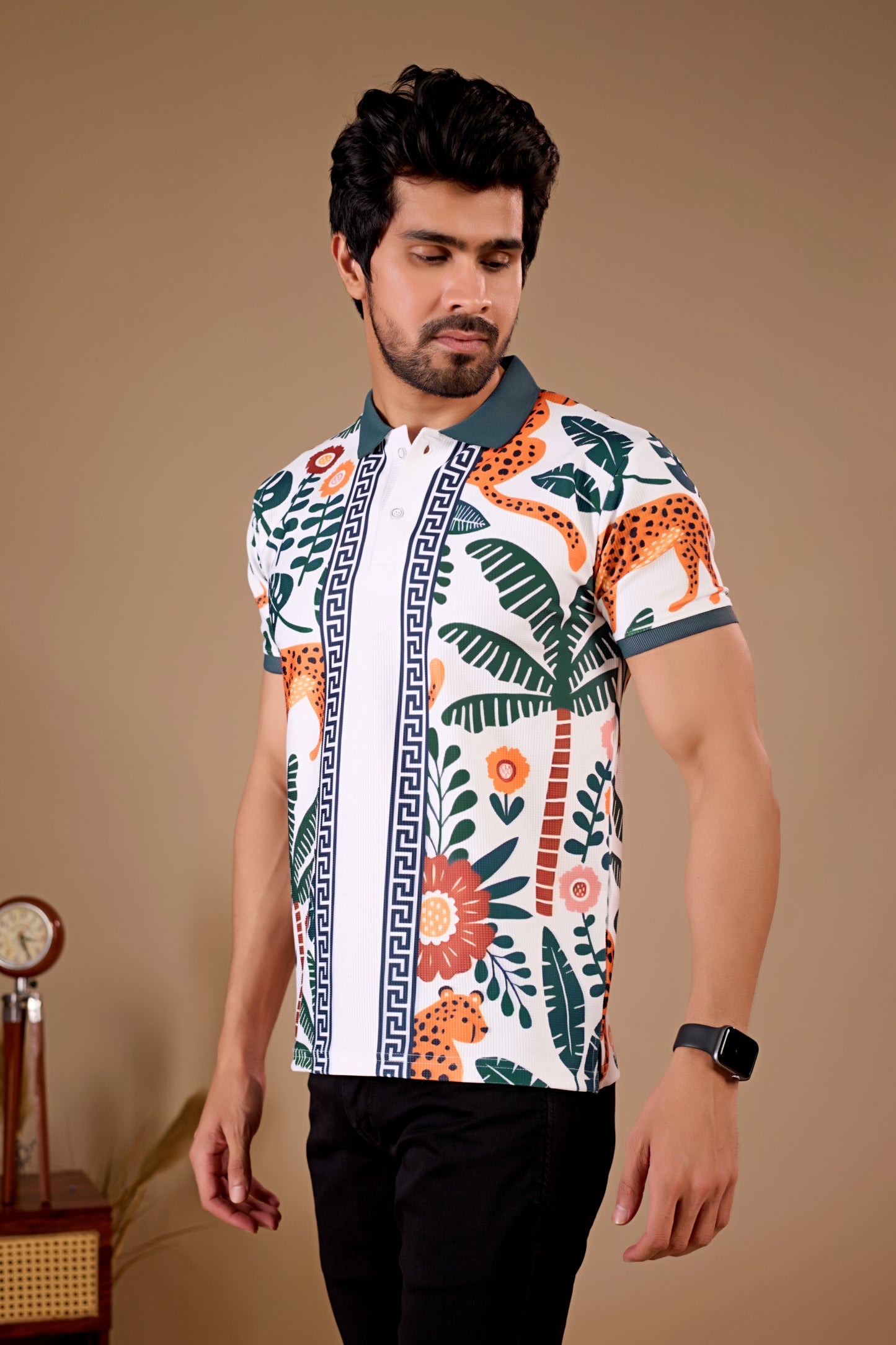 Multicolor Premium Fabric Regular Printed Polo T Shirt For Men