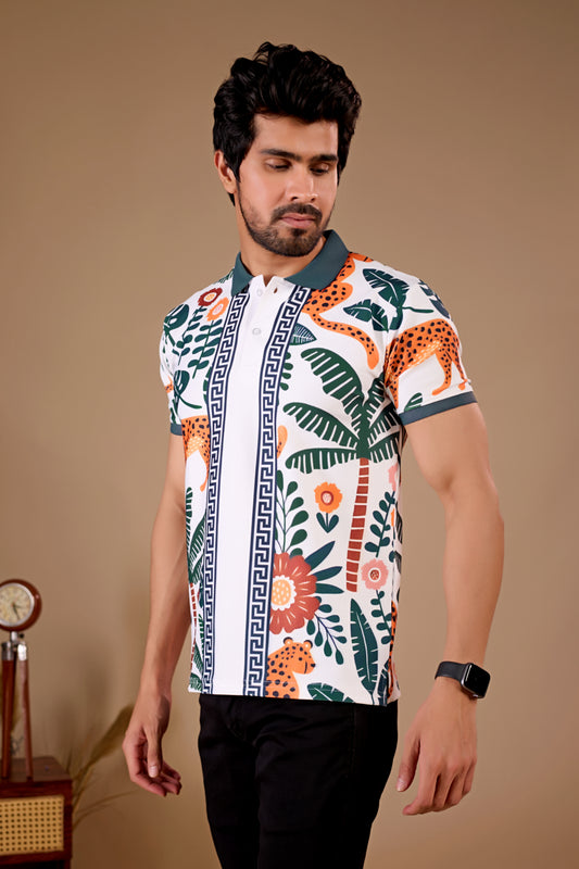 Multicolor Premium Fabric Regular Printed Polo T Shirt For Men