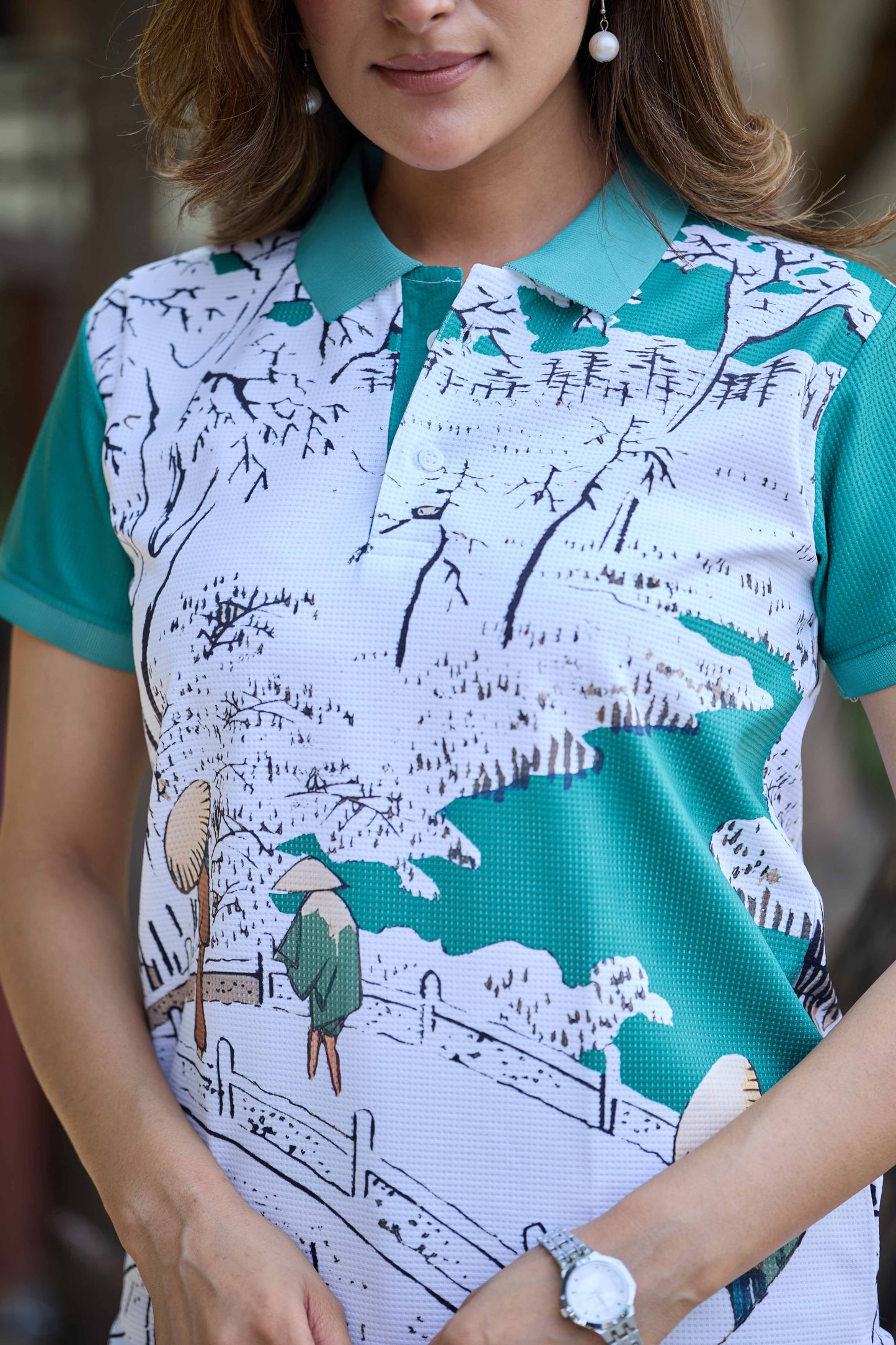 Women’s Teal & White Scenic Printed Polo T-Shirt