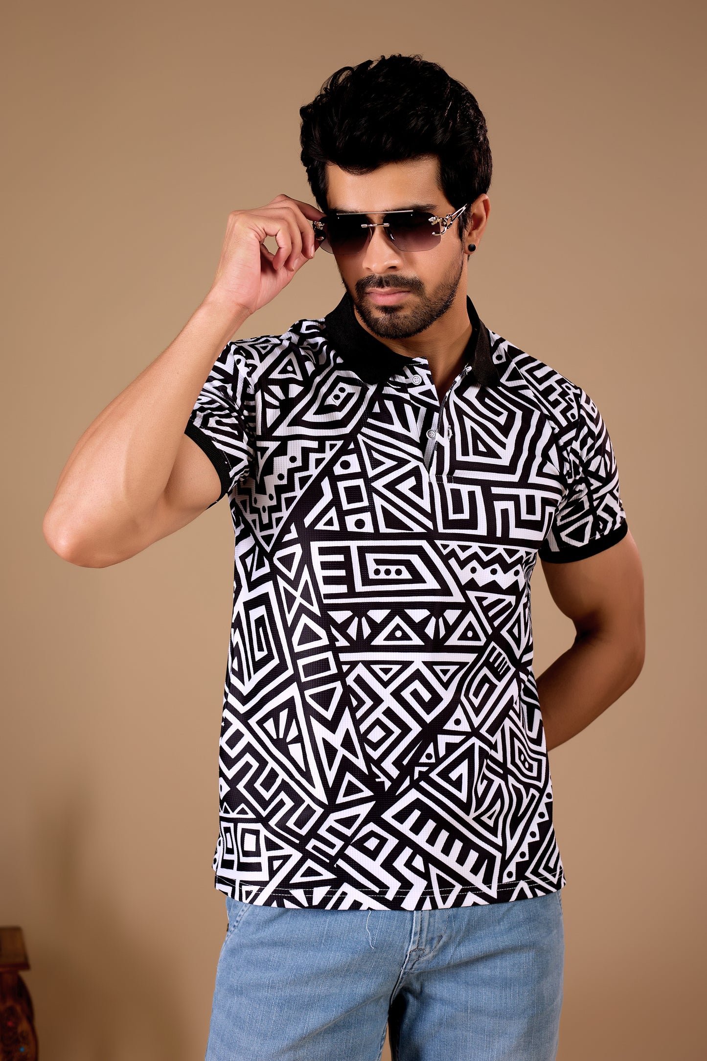 Black Premium Fabric Regular Printed Polo T Shirt For Men