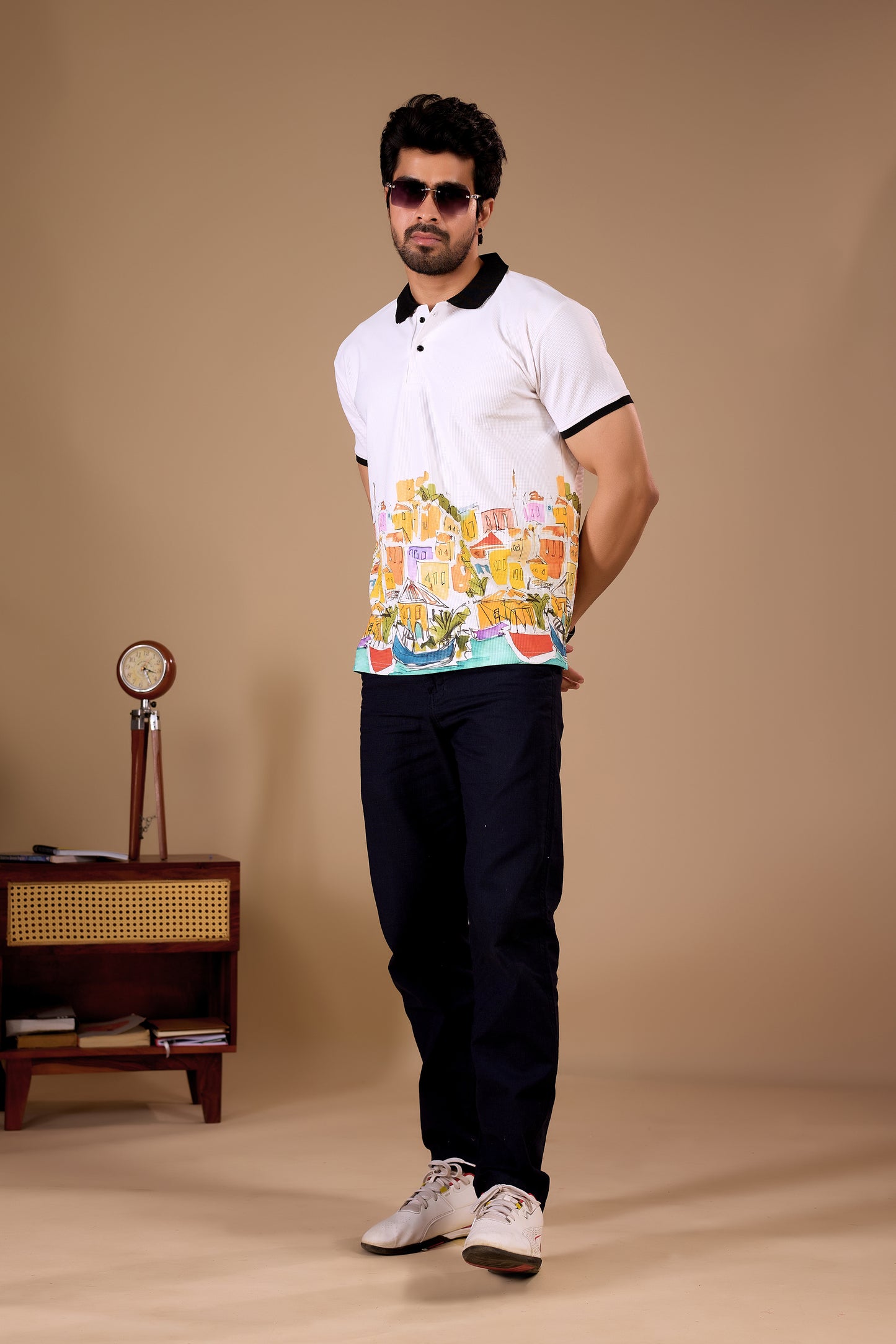 White Premium Fabric Regular Printed Polo T Shirt For Men