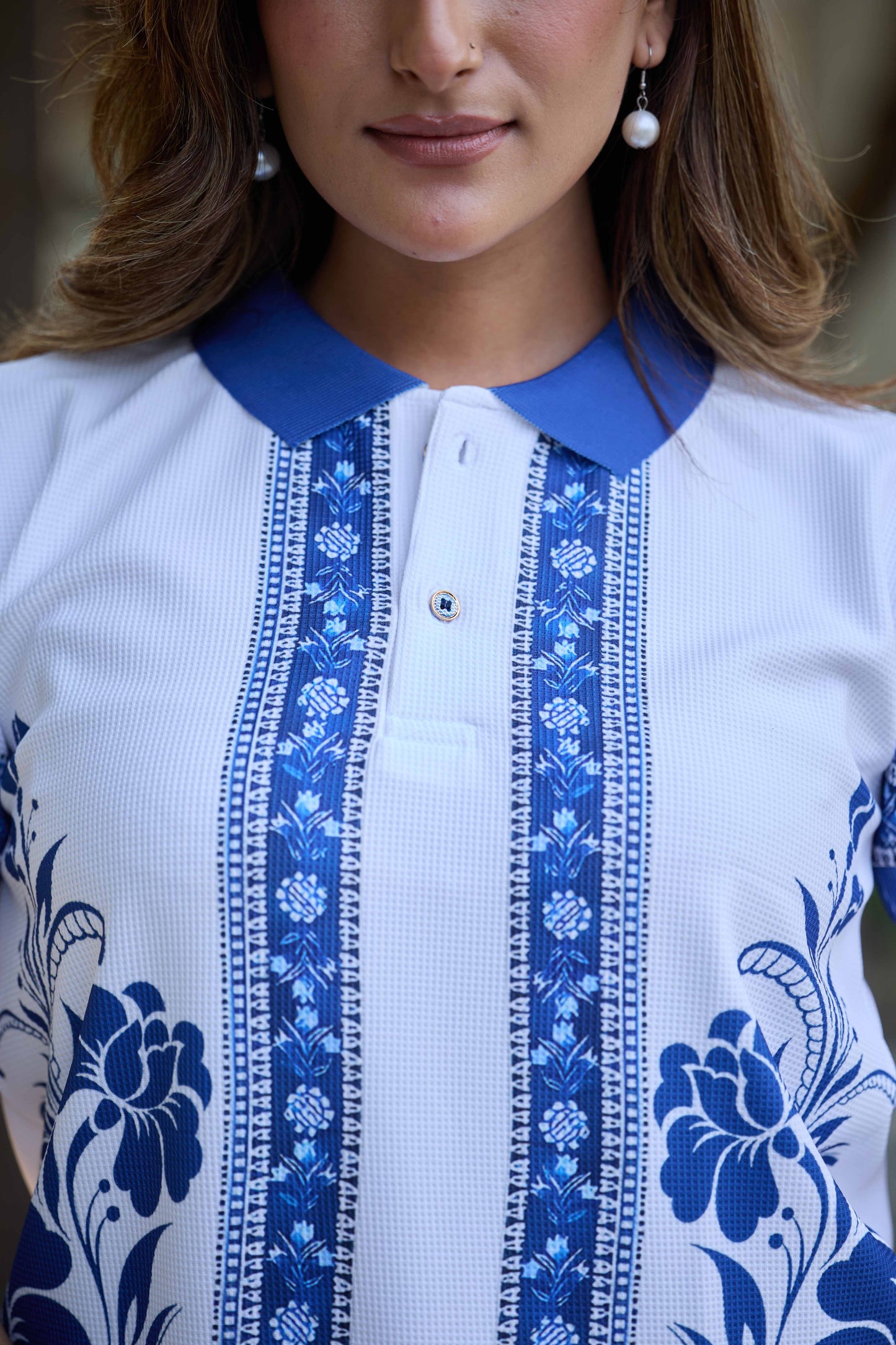 Women’s White & Blue Floral Printed Polo T-Shirt
