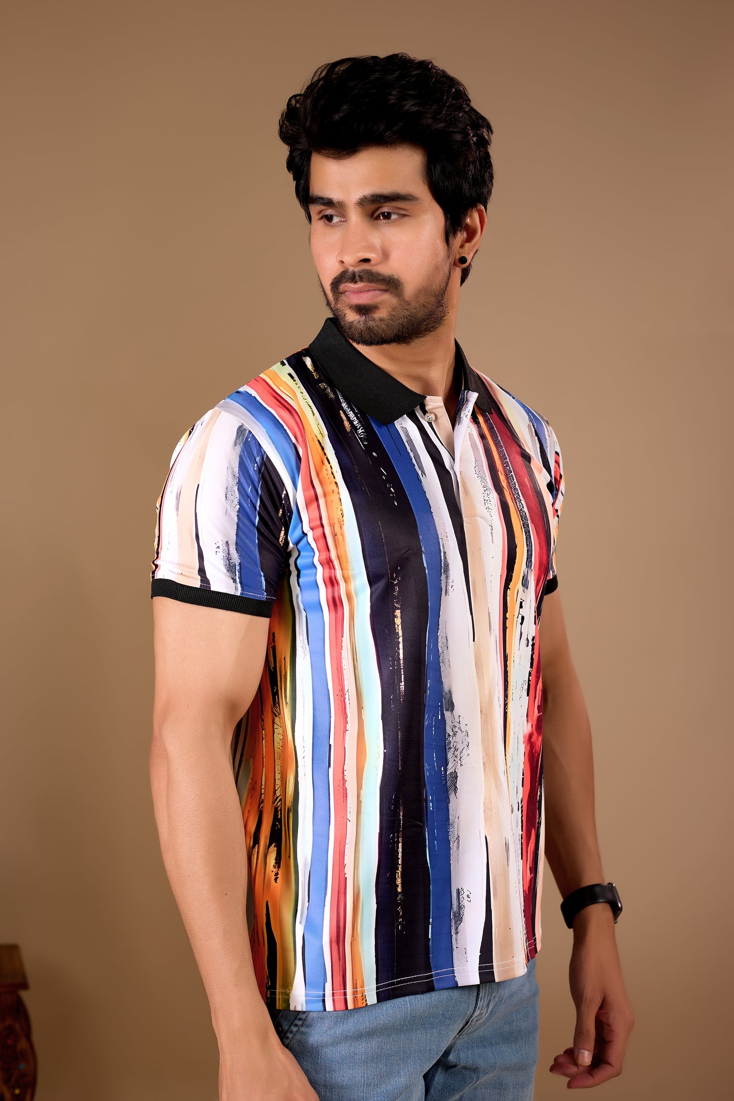 Multicolor Premium Fabric Regular Printed Polo T Shirt For Men