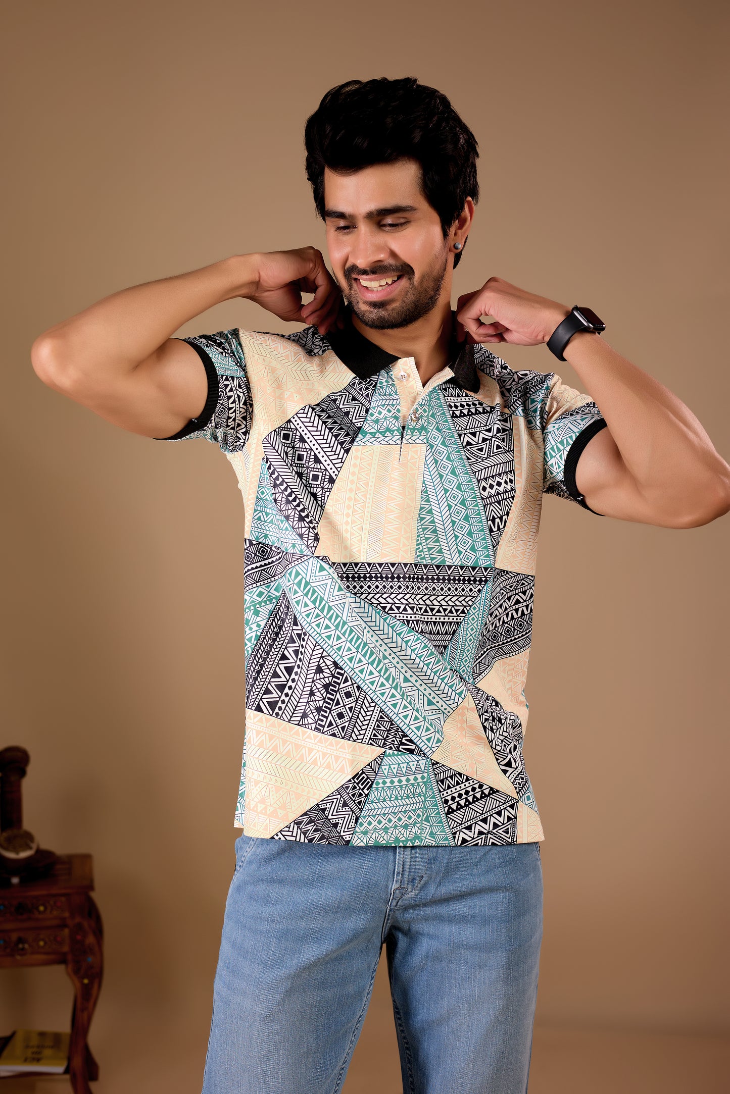 Multicolor Premium Fabric Regular Printed Polo T Shirt For Men