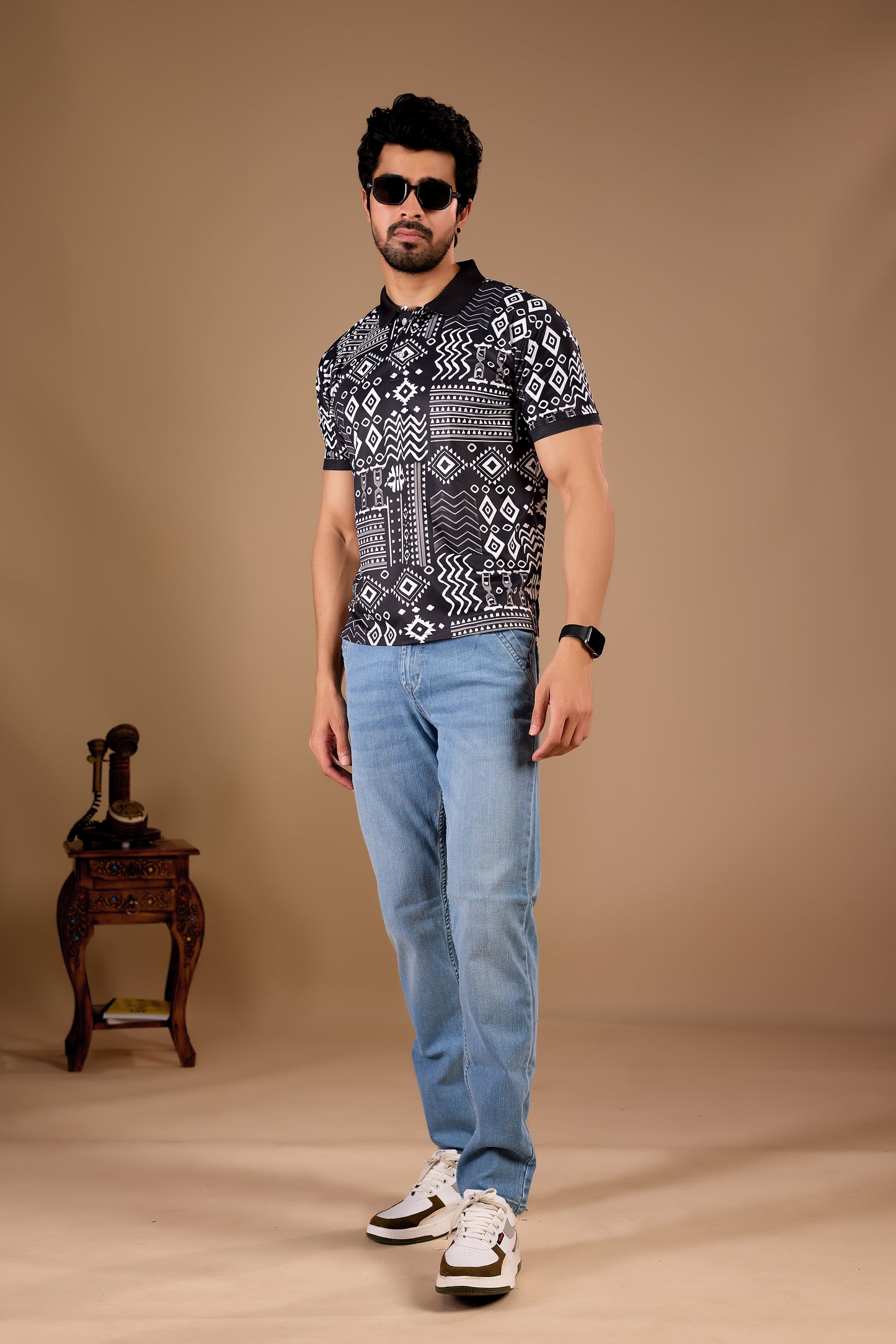 Black Premium Fabric Regular Printed Polo T Shirt For Men