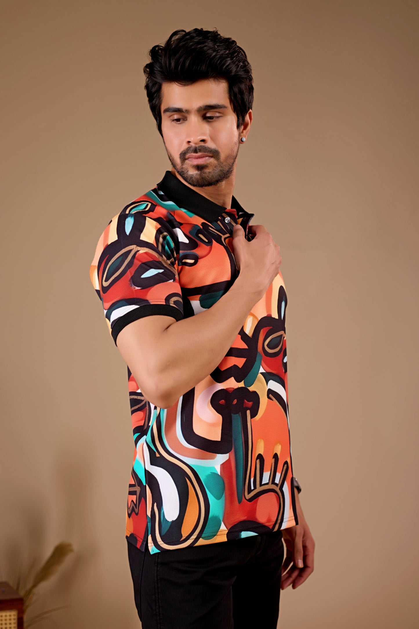 Multicolor Premium Fabric Regular Printed Polo T Shirt For Men