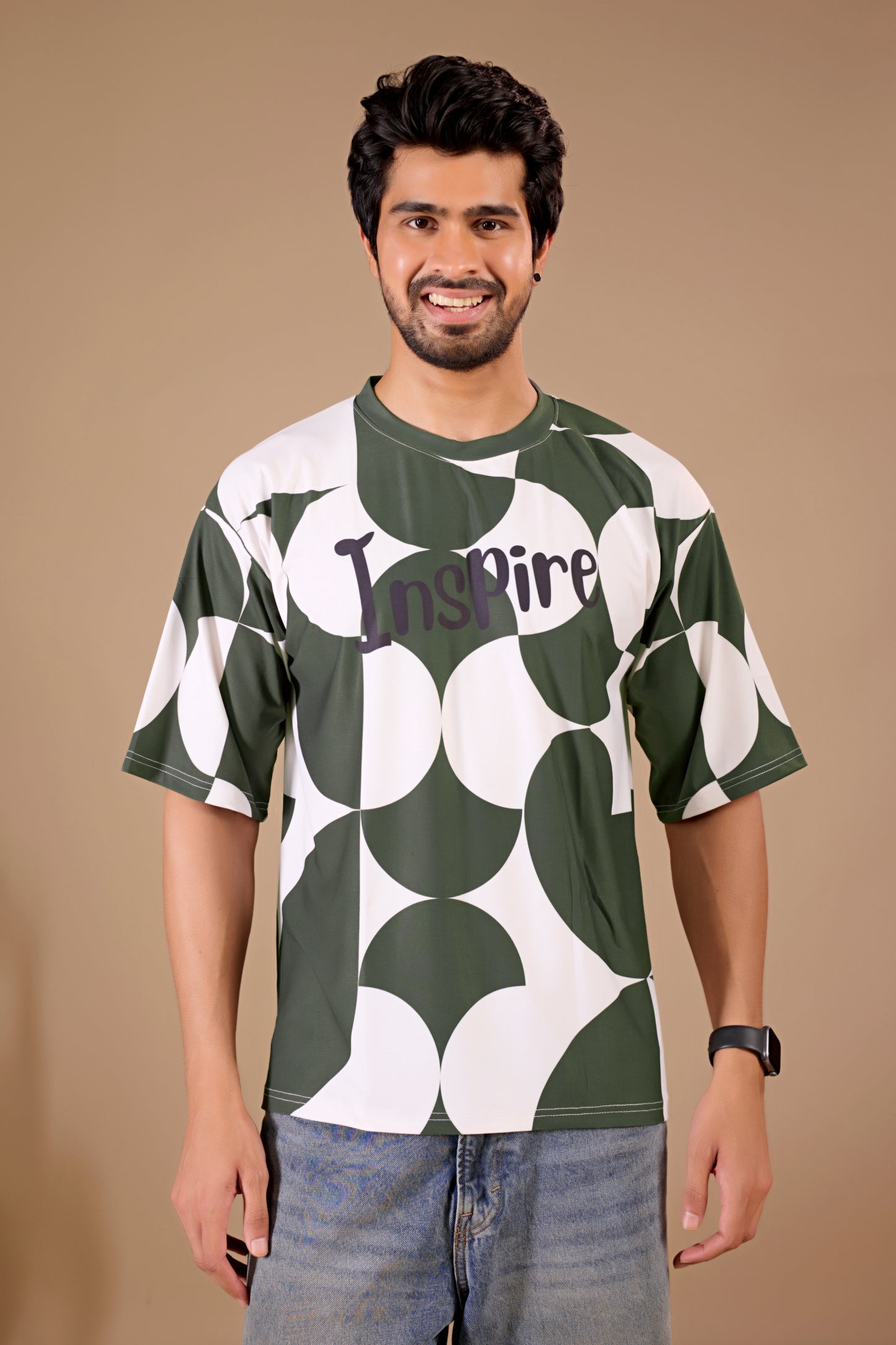 Olive Premium Fabric Oversized Printed T Shirt For Men