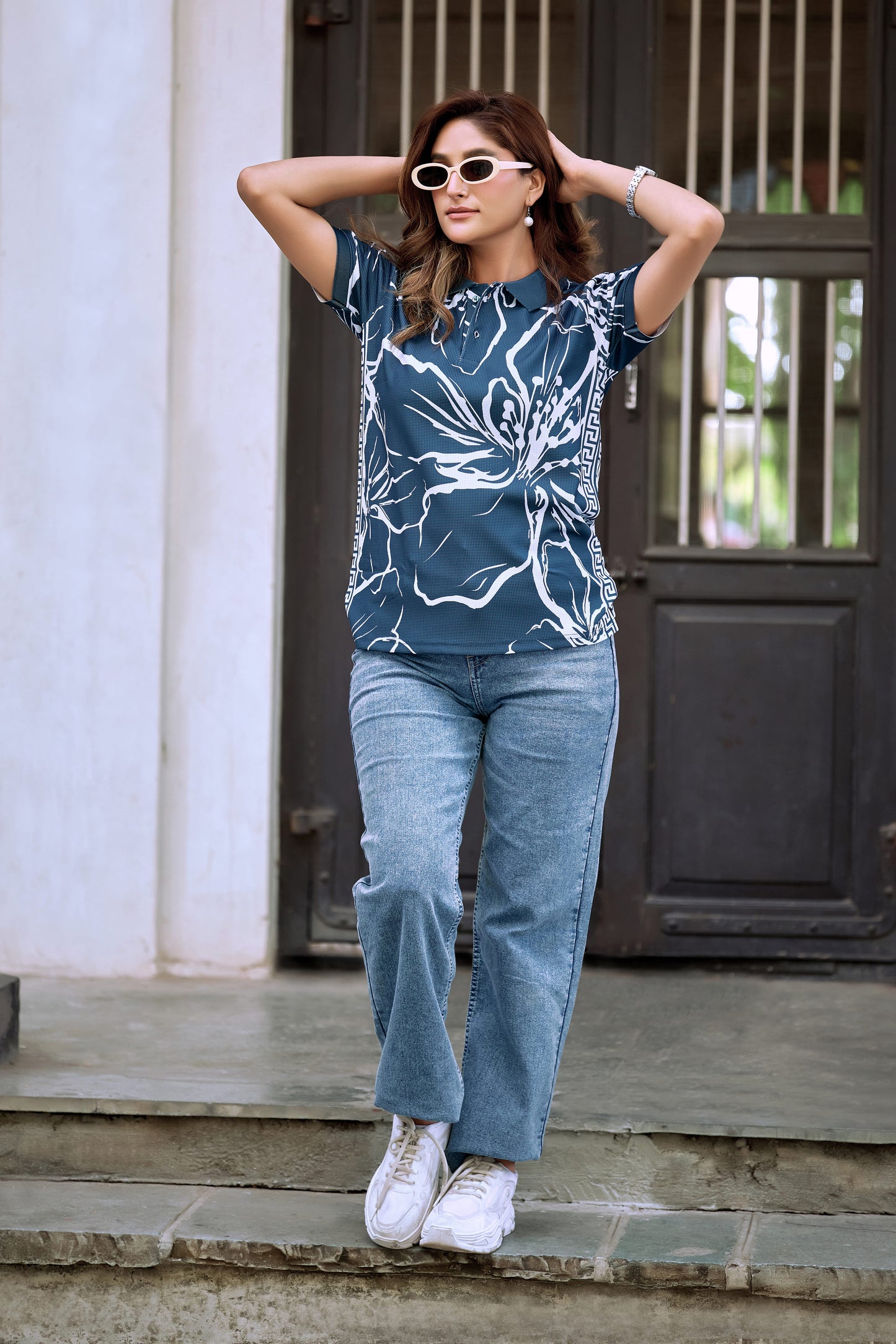 Women’s Teal Floral Printed Polo T-Shirt