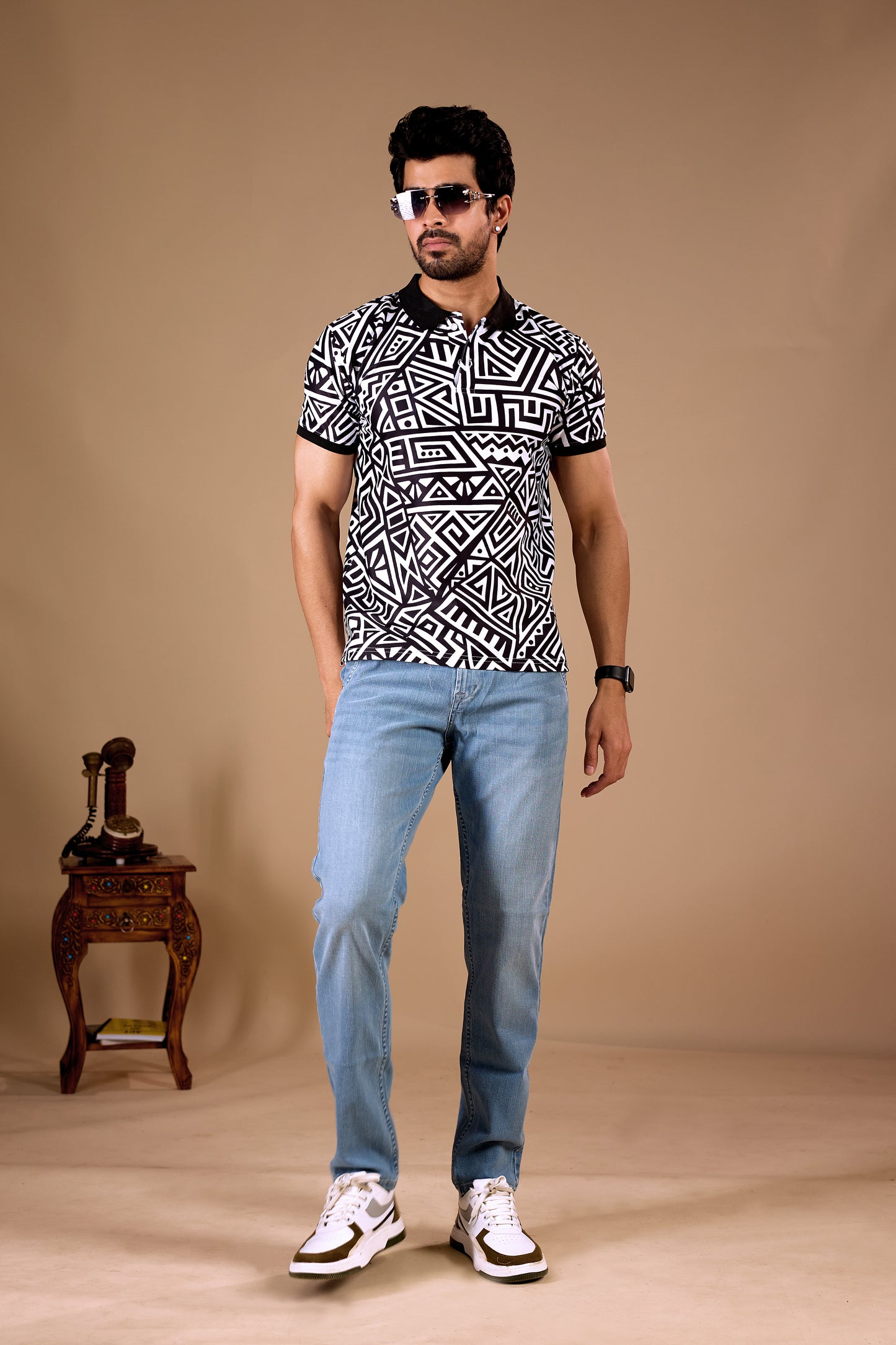 Black Premium Fabric Regular Printed Polo T Shirt For Men