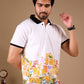 White Premium Fabric Regular Printed Polo T Shirt For Men